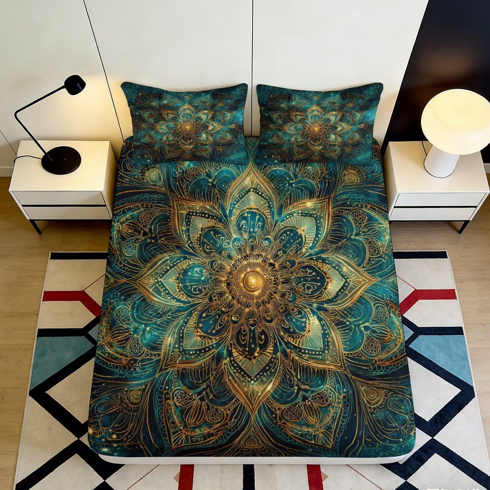 3D Printed Mandala Floral Fitted Sheet Microfiber Soft Teal Gold Lotus Bed Cover for Bedroom Guest Room Decor Easy Care 90x200x25cm