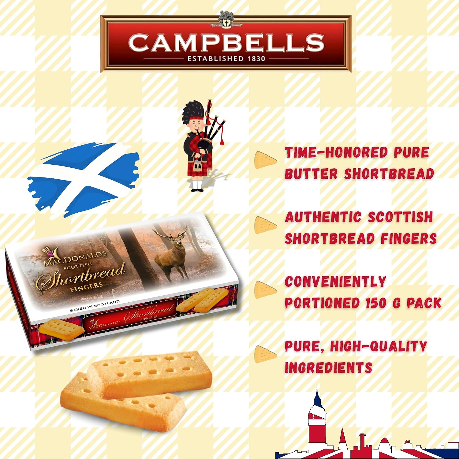 Campbells Macdonalds Scottish Shortbread Fingers Stag Carton 5.3 Oz (Pack of 3) - Pure Butter Scottish Shortbread Cookies from Scotland, British Tea Biscuits & Snacks, All-Butter Fingers, Cookie Gift Box