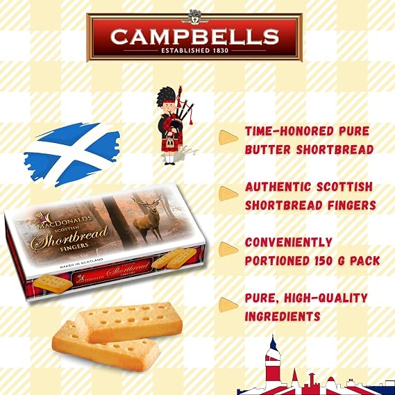 Campbells Macdonalds Scottish Shortbread Fingers Stag Carton 5.3 Oz (150g) - Pure Butter Scottish Shortbread Cookies from Scotland, British Tea Biscuits & Snacks, All-Butter Fingers, Cookie Gift Box