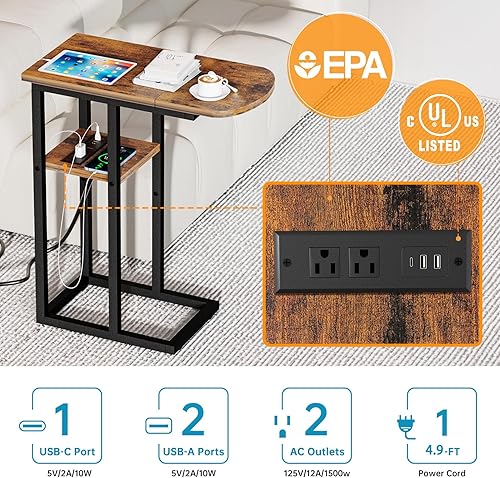 Miniatura 4 de Mesa auxiliar en forma de C con estación de carga, mesa auxiliar para sala de estar y dormitorio, mesa de sofá portátil con puertos USB y puerto de