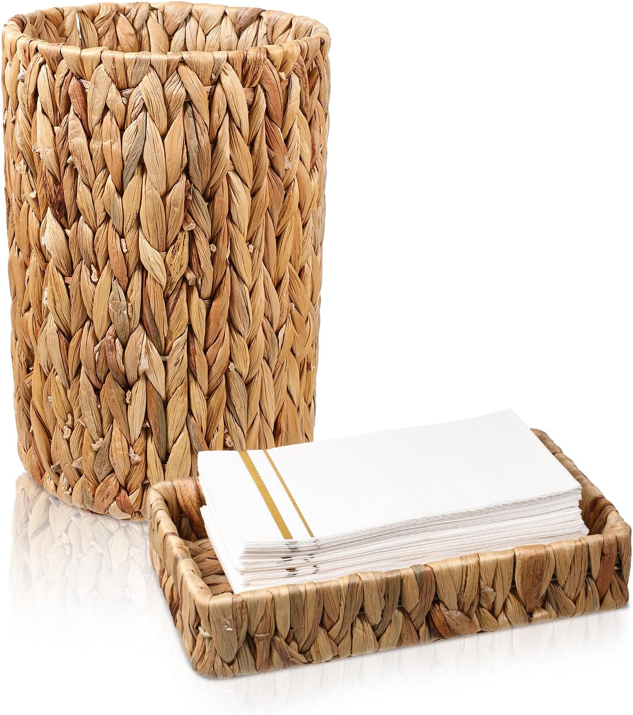 Water Hyacinth Trash Can 10 Inch Bathroom Tray Countertop Set Handwoven Waste Basket Toilet Tank Bathroom Vanity Tray Rattan Wicker Home Decor for Bedroom Kitchen Office