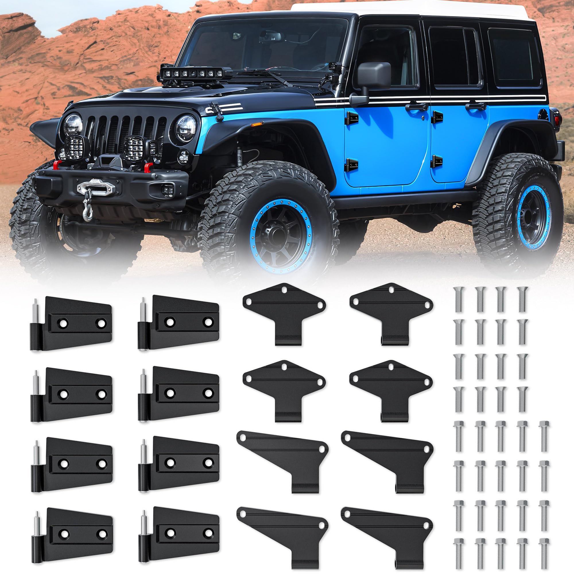 YZONA 4 Door Hinge Assembly Kits Compatible with 2007-2018 Jeep Wrangler JK JKU Unlimited Rubicon Sahara Inside and Outside, Jeep Wrangler JK Door Hinge 16PCS with 36 Bolts