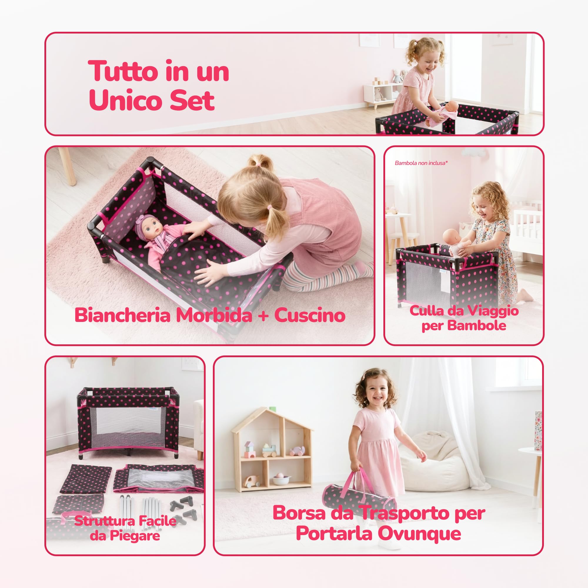 Kinderplay Lettino da Viaggio per Bambole – Culla pieghevole con borsa – Per bambole fino a 46 cm – Rete traspirante, tessuto lavabile, piedini antiscivolo – KP0400G