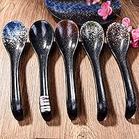 Vista 2 de Juego de 5 cucharas de sopa de mango largo japonés y coreano de 7 pulgadas con mango curvo para cucharas de miso pho