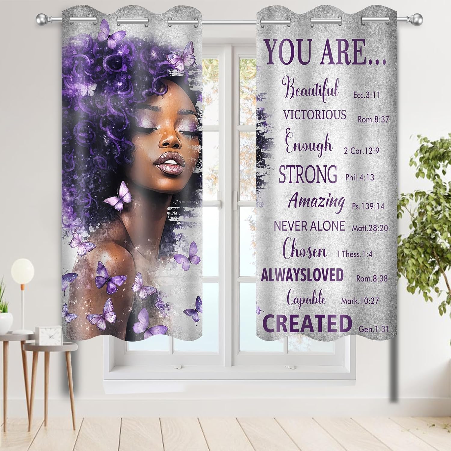 African American Purple Curtains for Bedroom and Living Room Black Girl Butterfly Pattern Funny Inspirational Quotes Blackout Curtains Woman Lady Drape Windowsill long Curtains 2 Panels 42x63 Inch