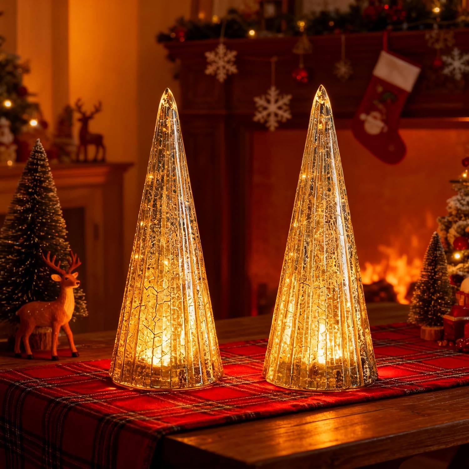 Set of 2 Mercury Glass Christmas Tree Silver Glass Christmas Trees Collectible Figurines with Led Indoor Table Centerpiece Decorations Mantel Gift