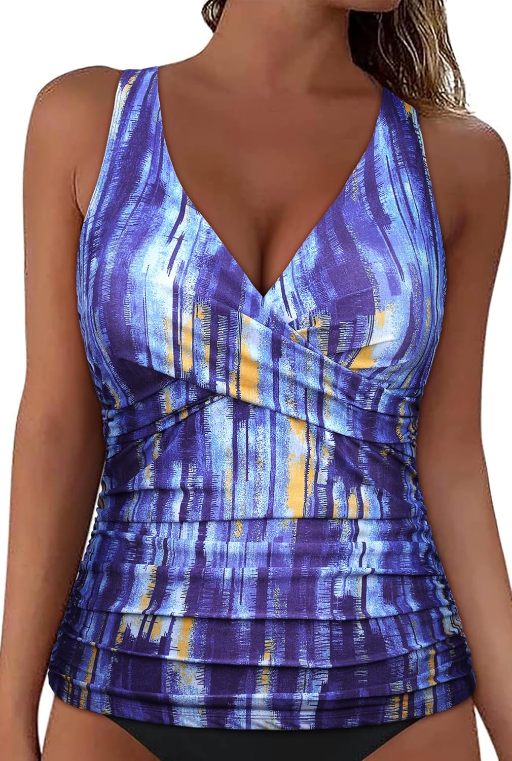 Hilor Women's Underwire Tankini Top Tummy Control Bathing Suits Sexy V Neck Crossover Swim Top Only