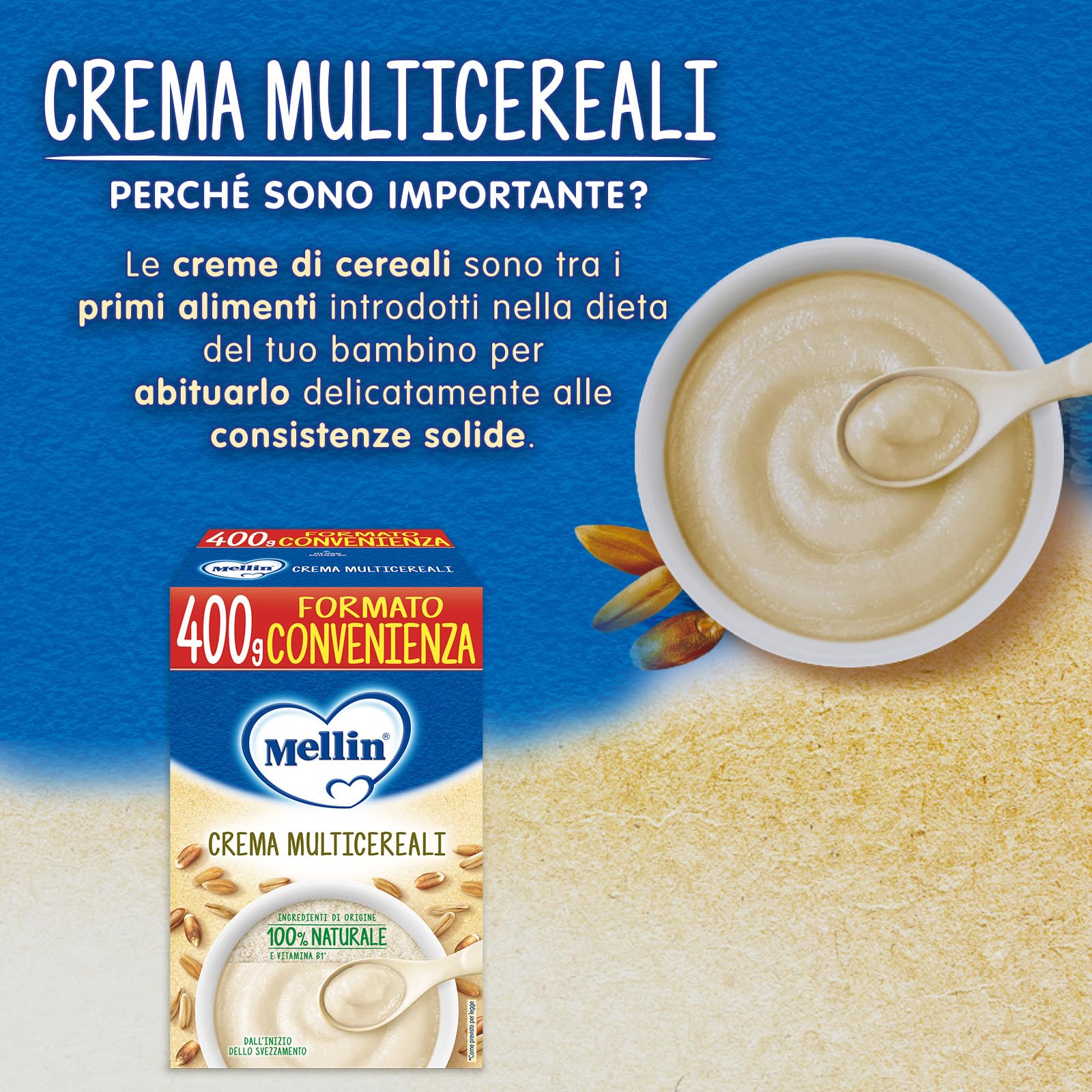 Mellin - Crema Multicereali - Alimento con Vitamina B1, per Bambini dal 4° Mese Compiuto - 6 Confezioni da 400gr (Totale 2400gr)
