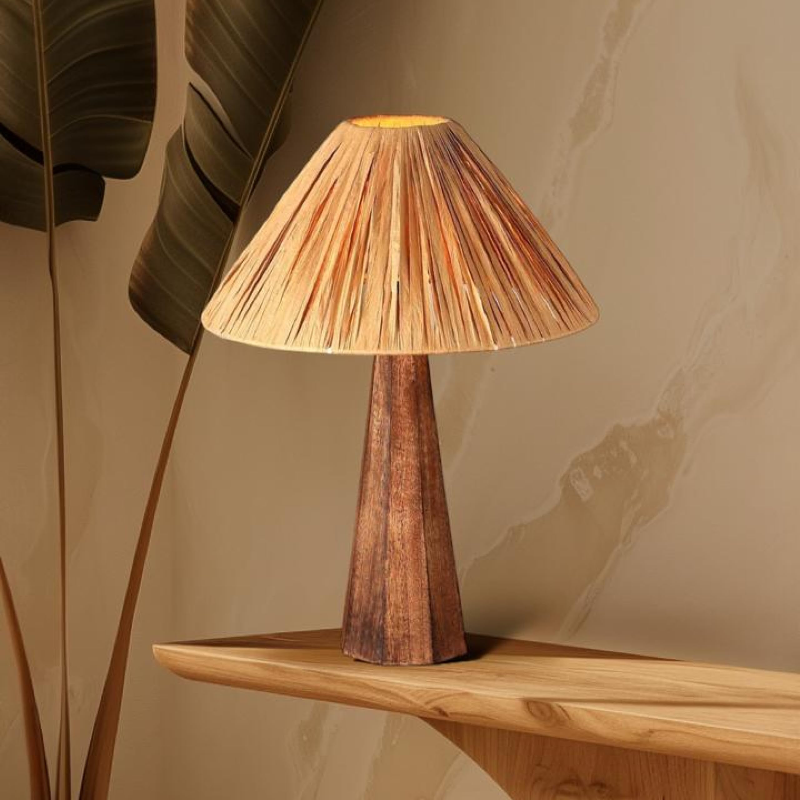 Timberlight Decorative Table Lamp for Living Room & Bedroom | Solid Mango Wood Base with Natural Raffia Shade | Modern Bedside Lamp for Home Décor | Rafia Twist Design | 35 x 55 cm-image-41