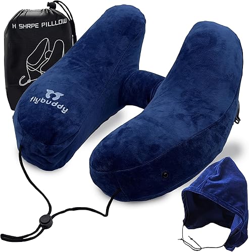 Miniatura 1 de Almohada inflable para el cuello para viajar, almohada de cuello de tortuga para viajes en avión con bolsa de viaje y capucha - Almohada de cuello