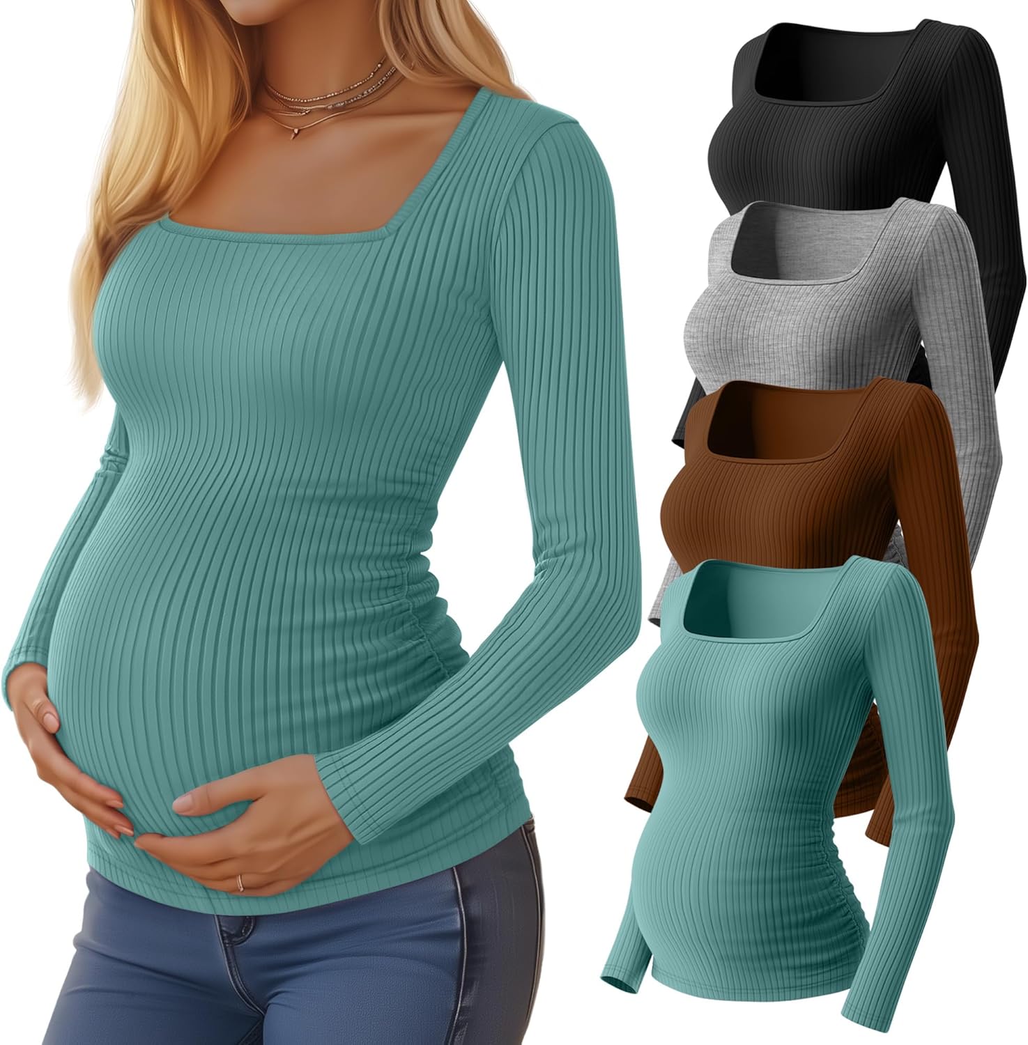 Huukeay 4 Pack Women's Maternity Shirts Cotton Ribbed Long Sleeve Square Neck Pregnancy Tunic Tops Side Ruched Basic Tee