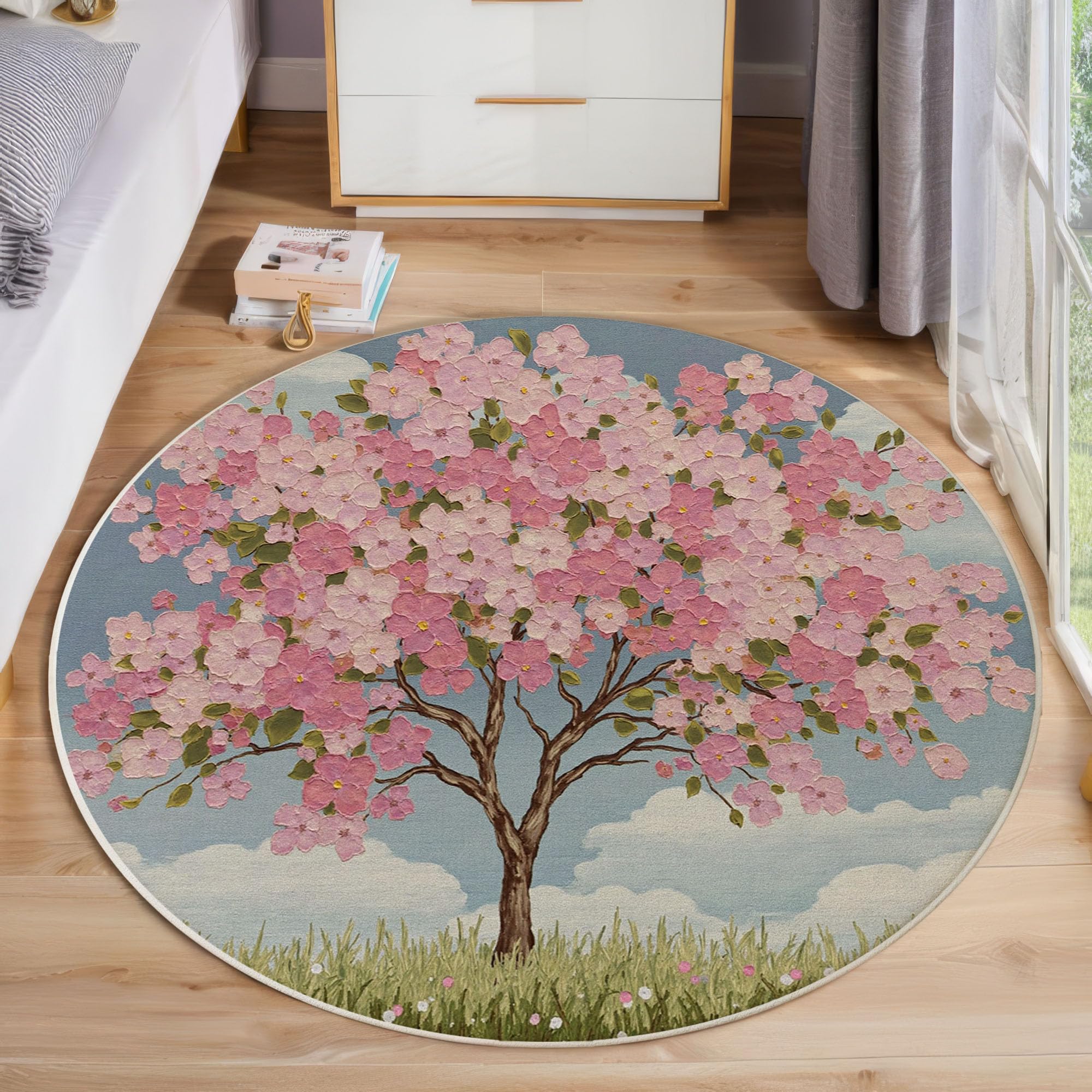 Tapis de sol velours doux 140cm motif artistique rose fleurs de cerisier haut de gamme