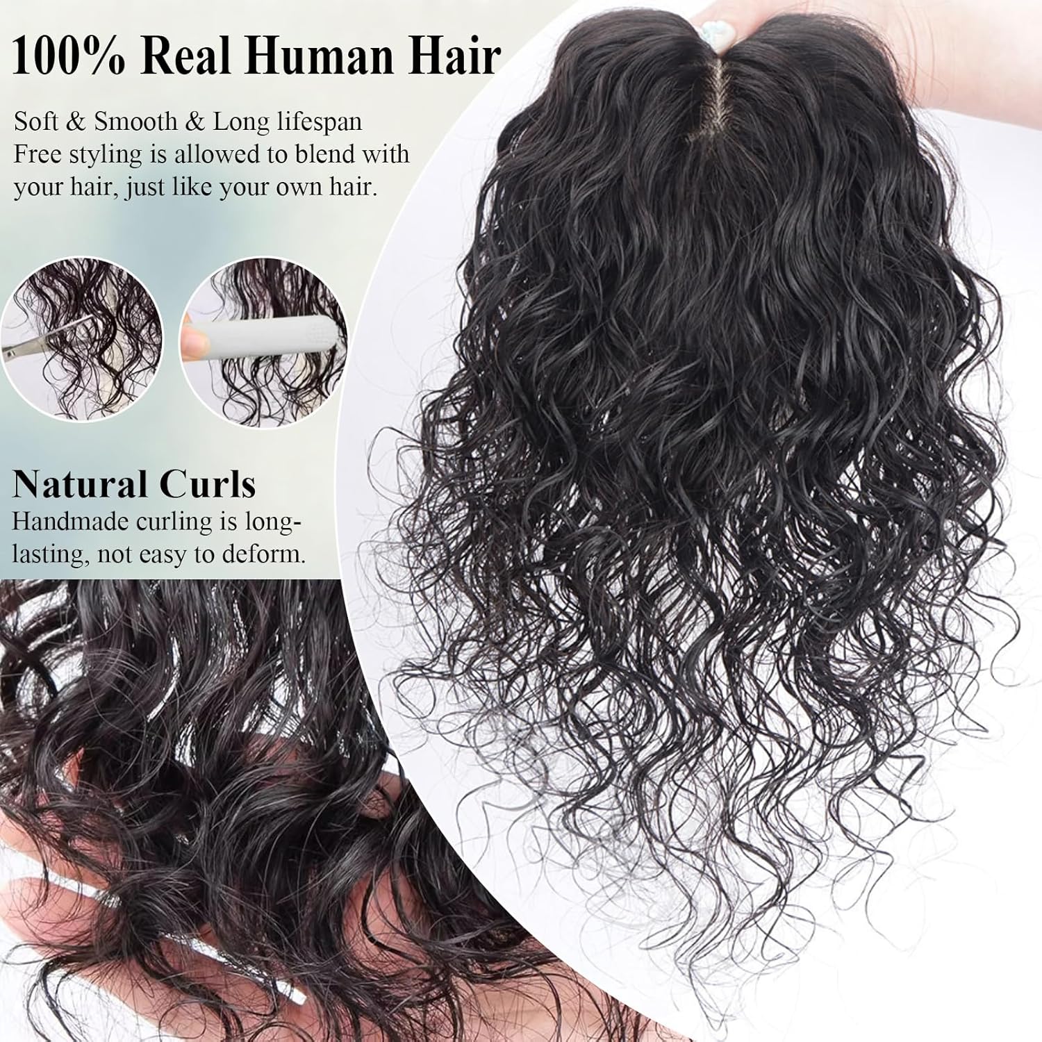 12 Inch Curly Real Human Hair Toppers Hairpieces 3.9"x4.7" Silk Base Natural Looking Short Wiglets Hairpieces for Thinning Hair Toppers for Women No Bangs Reddish Dark Brown