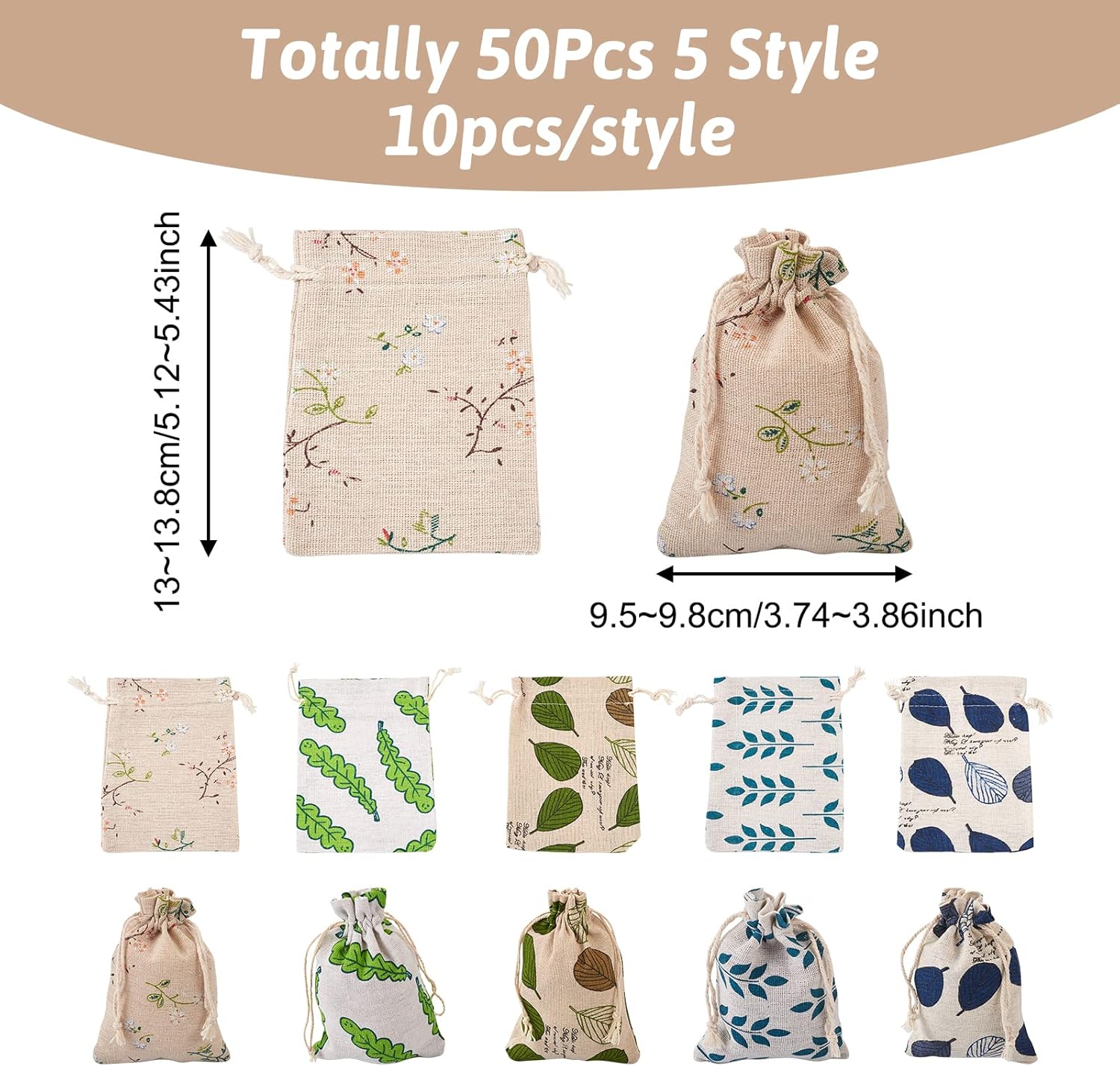 Magibeads 50Pcs Small Drawstring Gift Bags Leaf Pattern Cotton Sachet Bags Bulk Muslin Bags Drawstring Backpack Jewelry Bags for Wedding Party Favor Stationery