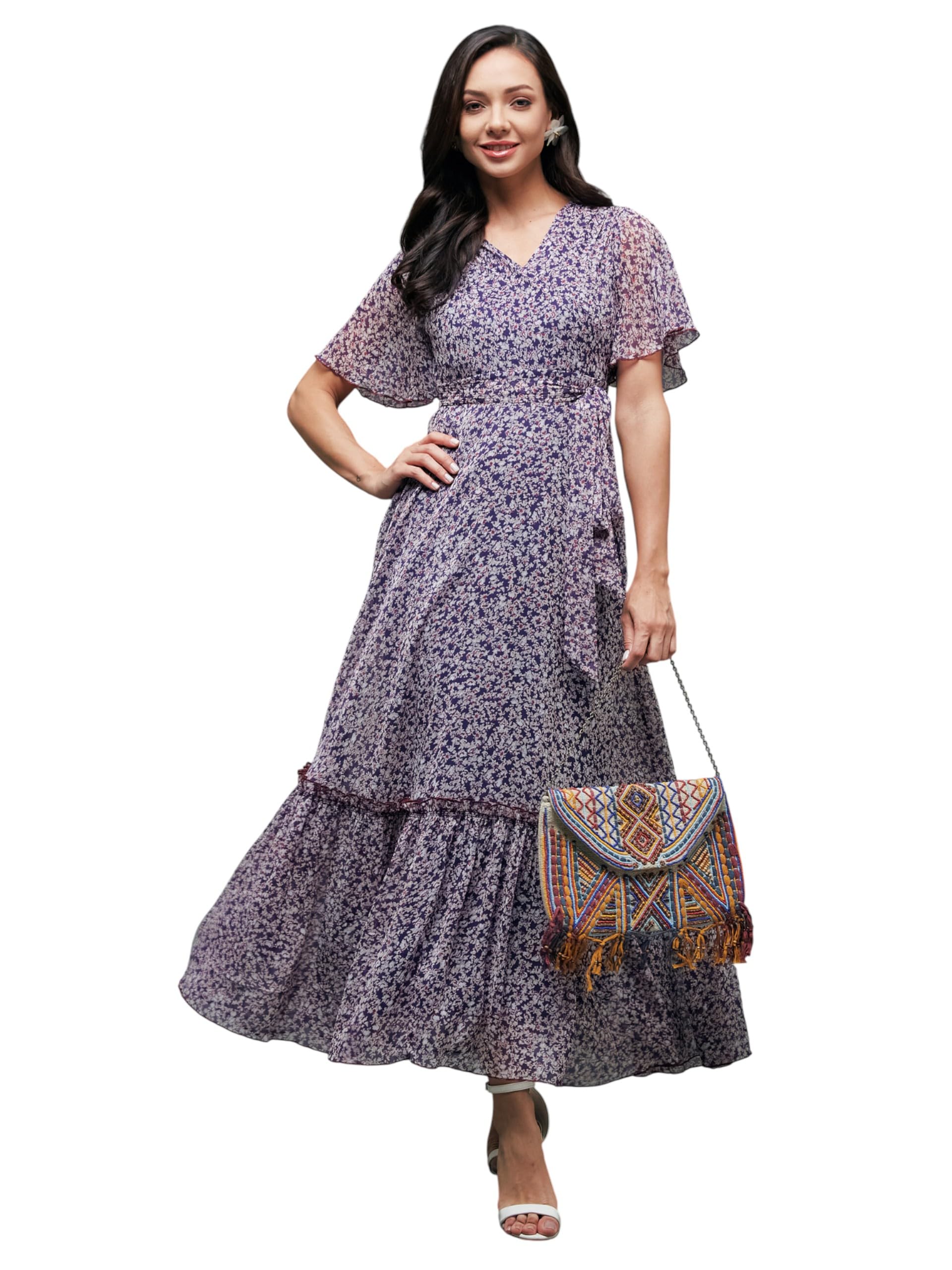 miss chase Women's V Neck Flared Sleeve Floral Wrap Chiffon Maxi Dress-picture-32