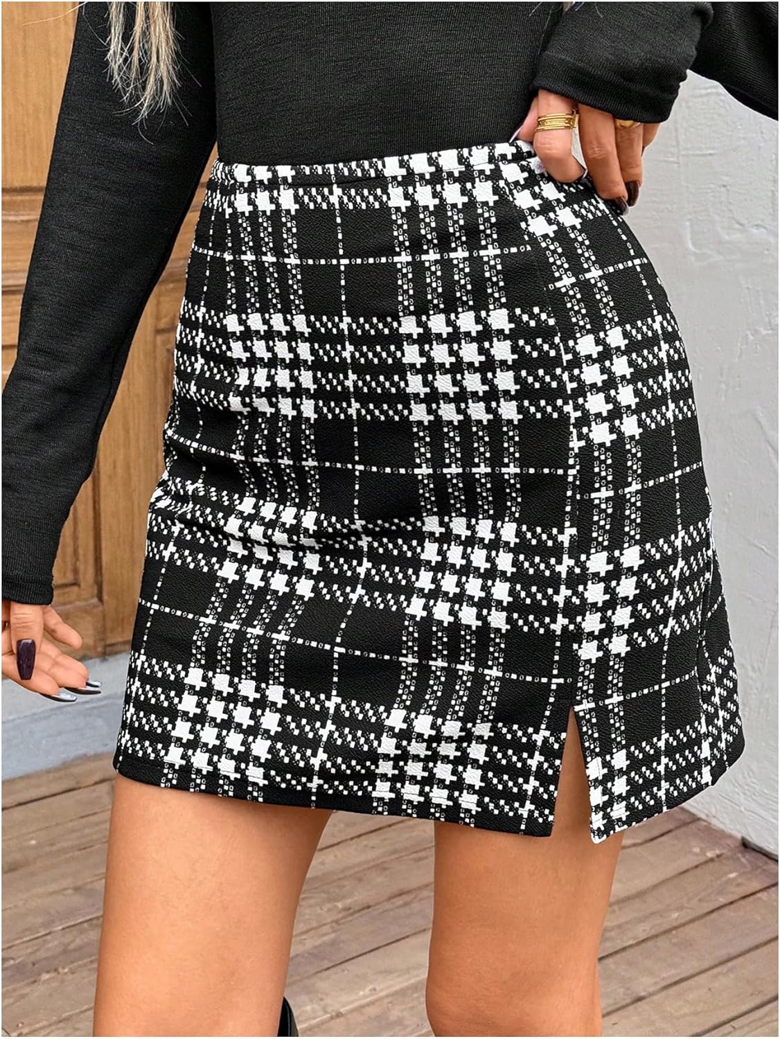 MakeMeChic Women's Fall Plaid Split Mini Skirt Business Work Straight Skirts - Image 2