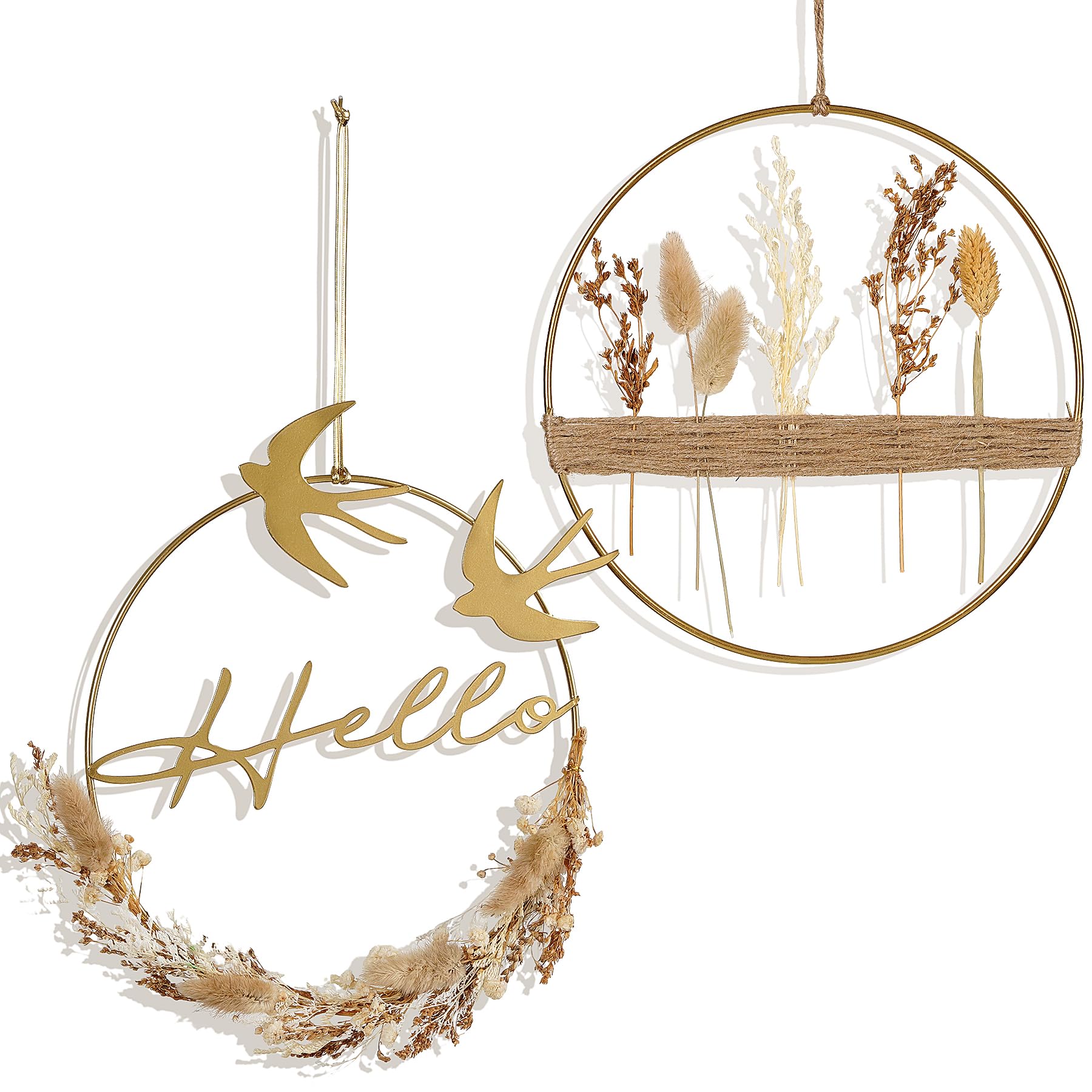 Dried Flower Wreath with Gold Metal Ring, 2 Hanging Door Wreath, Dried Flowers | Boho window decoration all year round flower wreath, dried flower ring for wall, door, window decoration-image-35