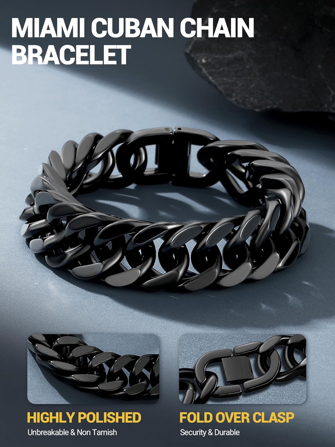 PROSTEEL Stainless Steel Franco Chain Bracelet, Trendy Chunky Bracelets for Men Women, Black/18K Gold Plated, W: 8mm/12mm/17mm, L: 7.5"/8.3"/9", Come Box