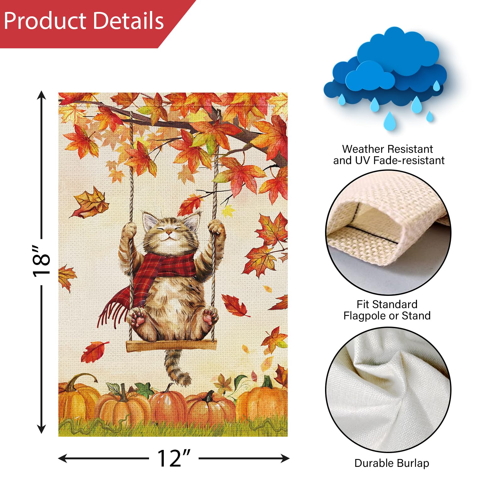 Louise Maelys Happy Fall Kürbis-Gartenflagge mit Katze, doppelseitig, 30,5 x 45,7 cm, kleine Jute, Herbsternte, Hofflaggen, Erntedankfest, Outdoor, Haus, Hof, Dekoration (nur Flagge)