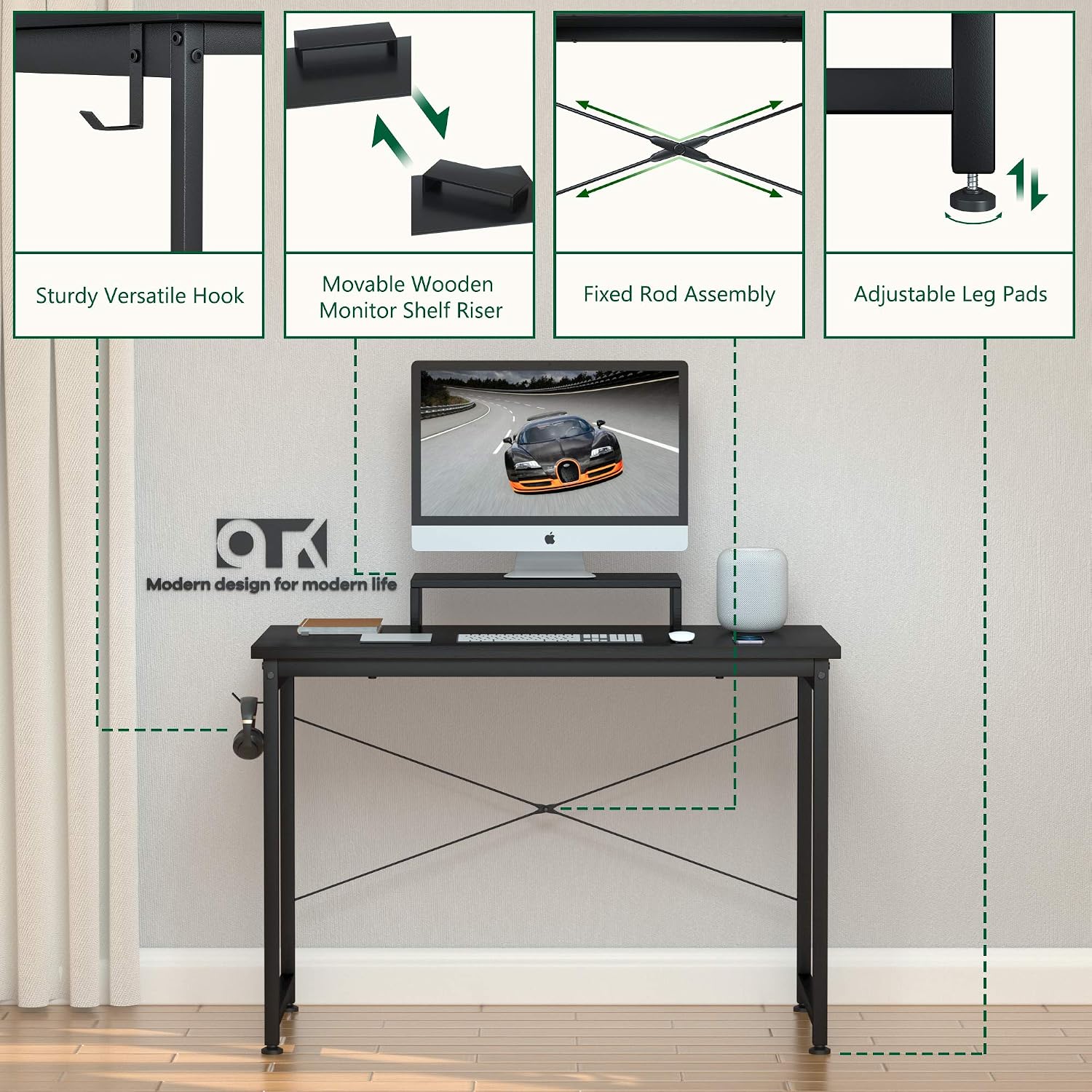 OTK Small Computer Desk 39" with Movable Monitor Shelf Riser, Sturdy Home Office Desk, Writing Desk, Gaming Desk with Headphone Hook, Computer Work Station, Work Table, Black