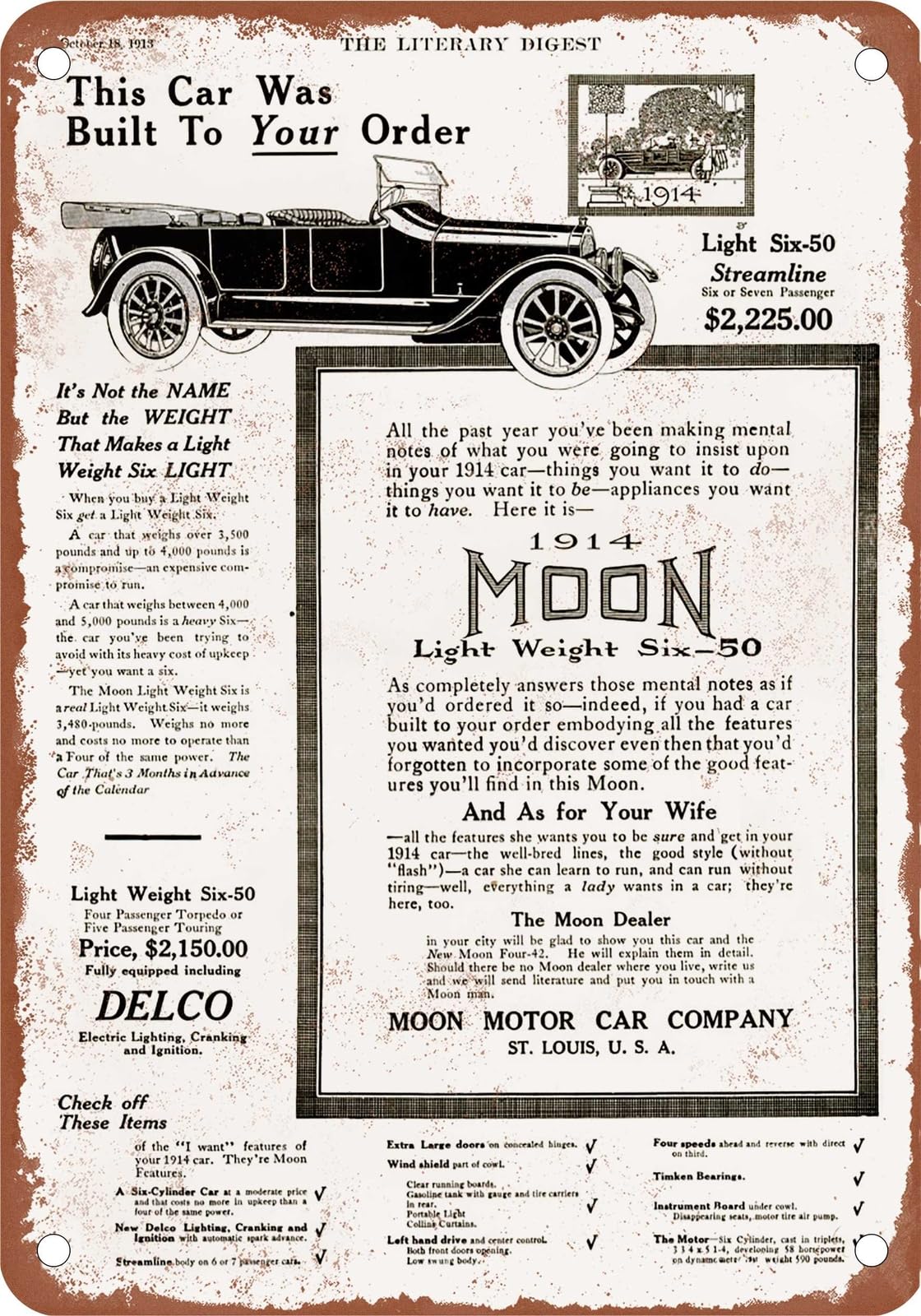 METAL SIGN - 1914 Moon Vintage Ad 01 - Old Retro Rusty Look home decor