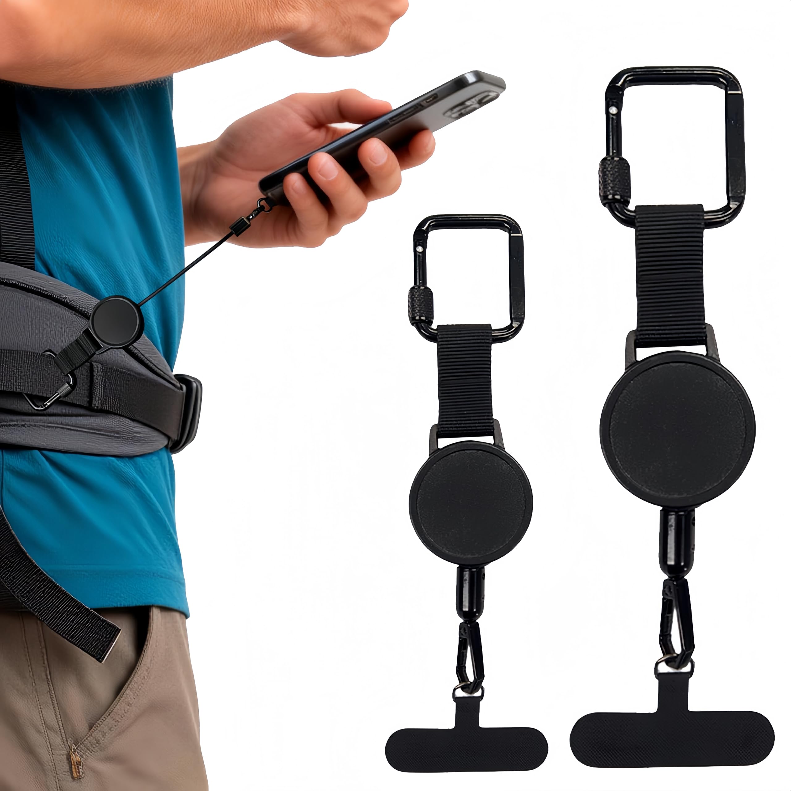 Lirynox 2Pcs Outdoor Anti-Theft Retractable Phone Lanyard, Retractable Phone Strap for Skiing with Metal Tether Tab and Carabiner Cellphone Lanyard for Outdoor Hiking Climbing Fishing Black
