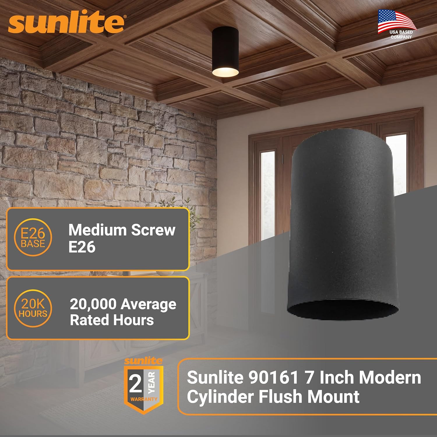 Sunlite 90161 7 Inch Modern Cylinder Flush Mount, Matte Black Finish, Aluminum Shade, Minimalist Design Downlight, 60 Watts Max, E26 Bulb (Not Included), 120V, Living Room & Entryways