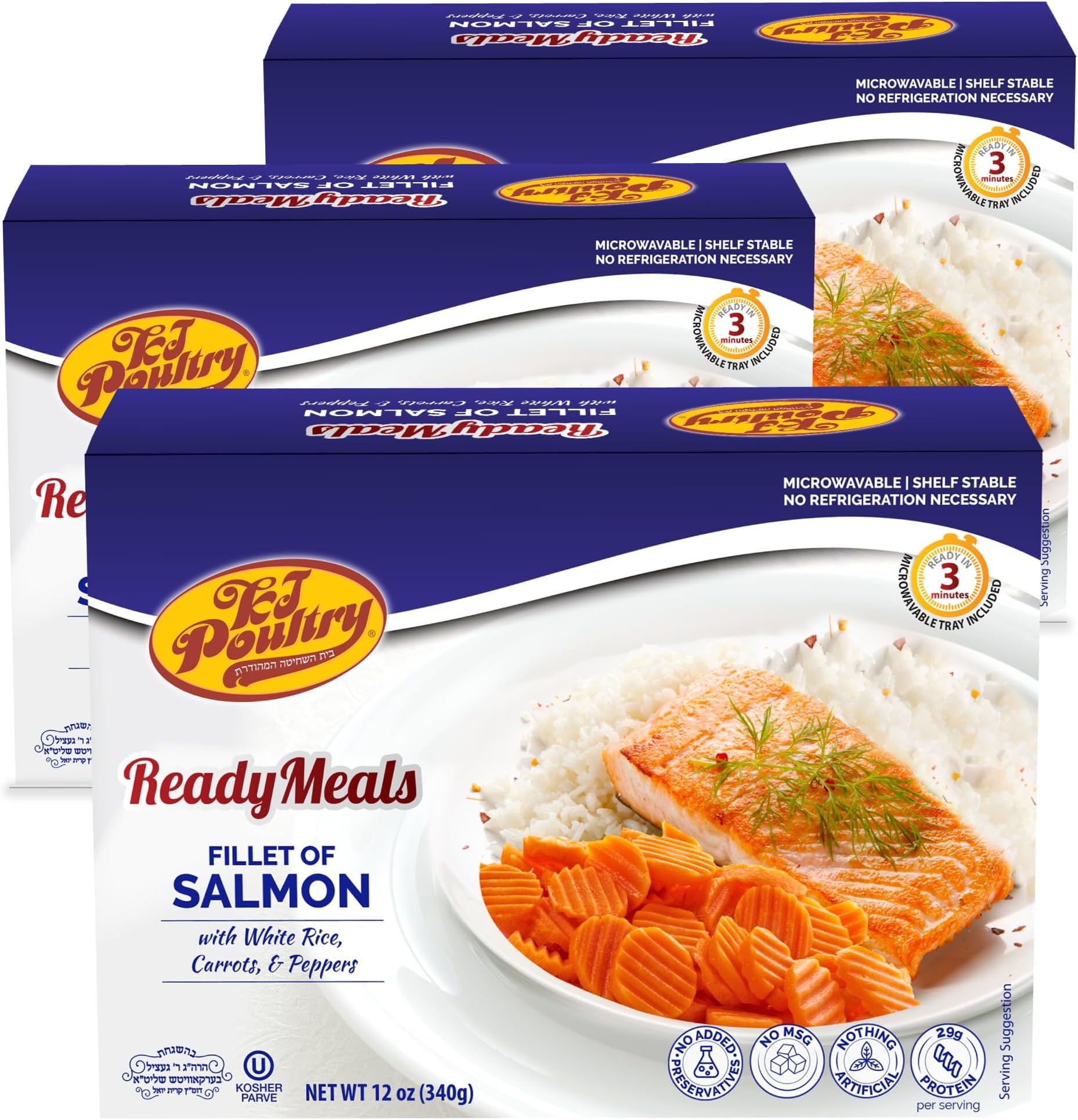 KJ Poultry Kosher Ready Meals - Salmon Fillet Fish, Parve MRE Meal Ready to Eat, Protein Food, Halal, (3 Pack) Prepared Entree Fully Cooked, Shelf Stable Microwave Dinner, Travel, Military, Camping