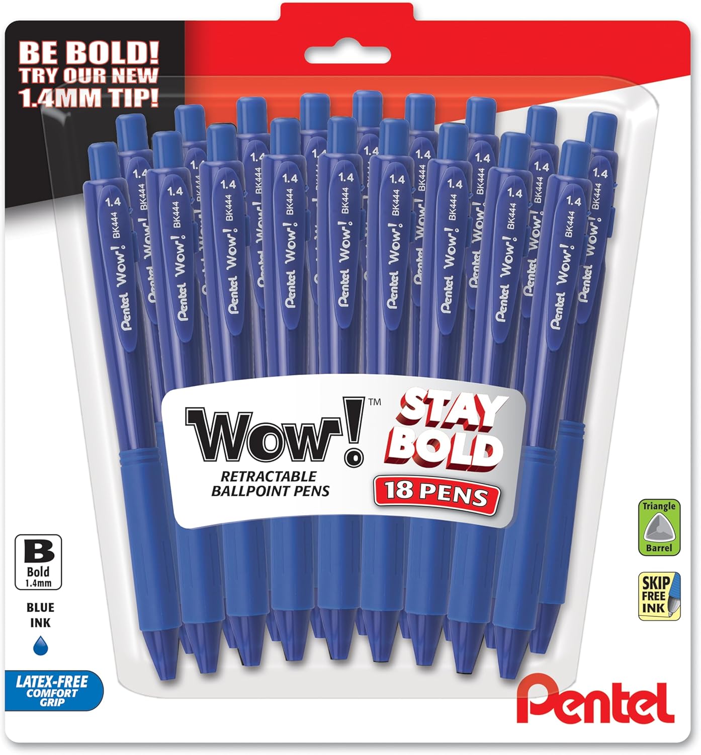 Pentel Wow! Retractable Ballpoint Pen, (1.4mm), Bold Line, Assorted Ink Colors, Pack of 18 (BK444BP18M)
