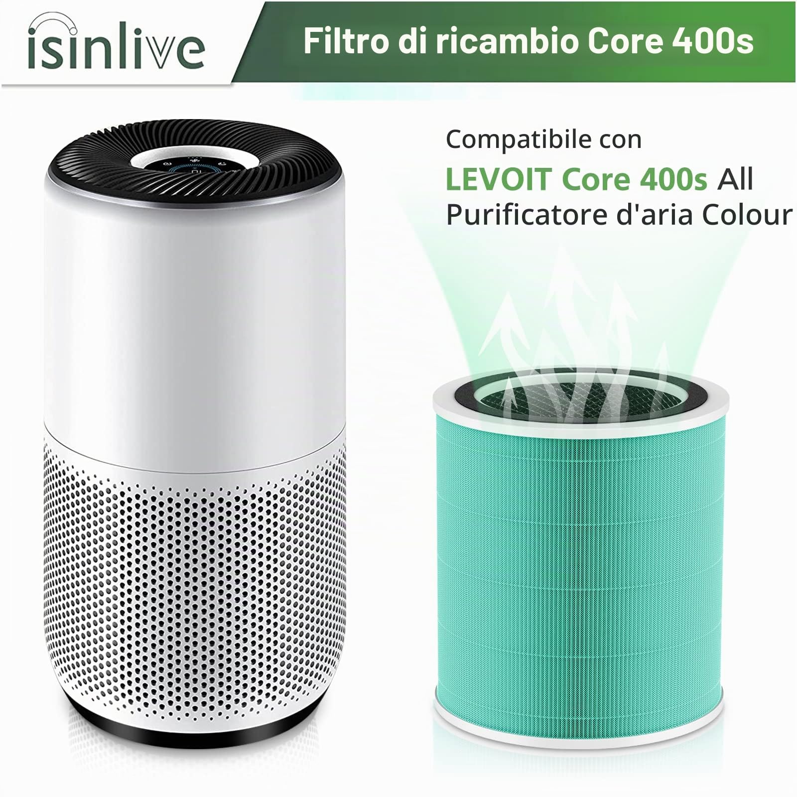 Core 400S Filtro di ricambio per purificatore d'aria LEVOIT Core 400S Smart WiFi, filtro a carbone attivo HEPA 3 in 1, Core400S-RF-TX (LRF-C401-GUS), verde, confezione da 2
