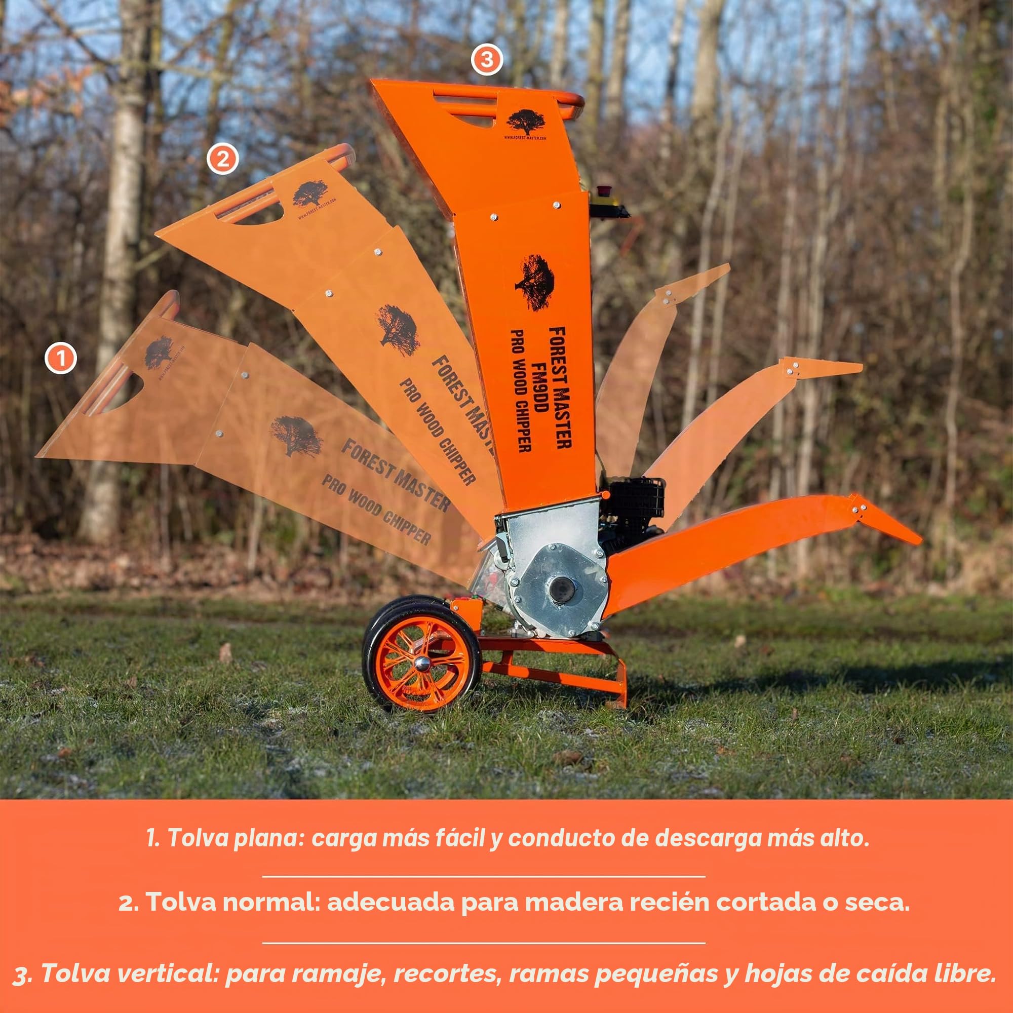 Forest Master FM9DD - Picadora de madera profesional – Potente motor de gasolina de 9 CV, chip de hasta 75 mm de diámetro – arranque eléctrico – cuchillas reversibles dobles