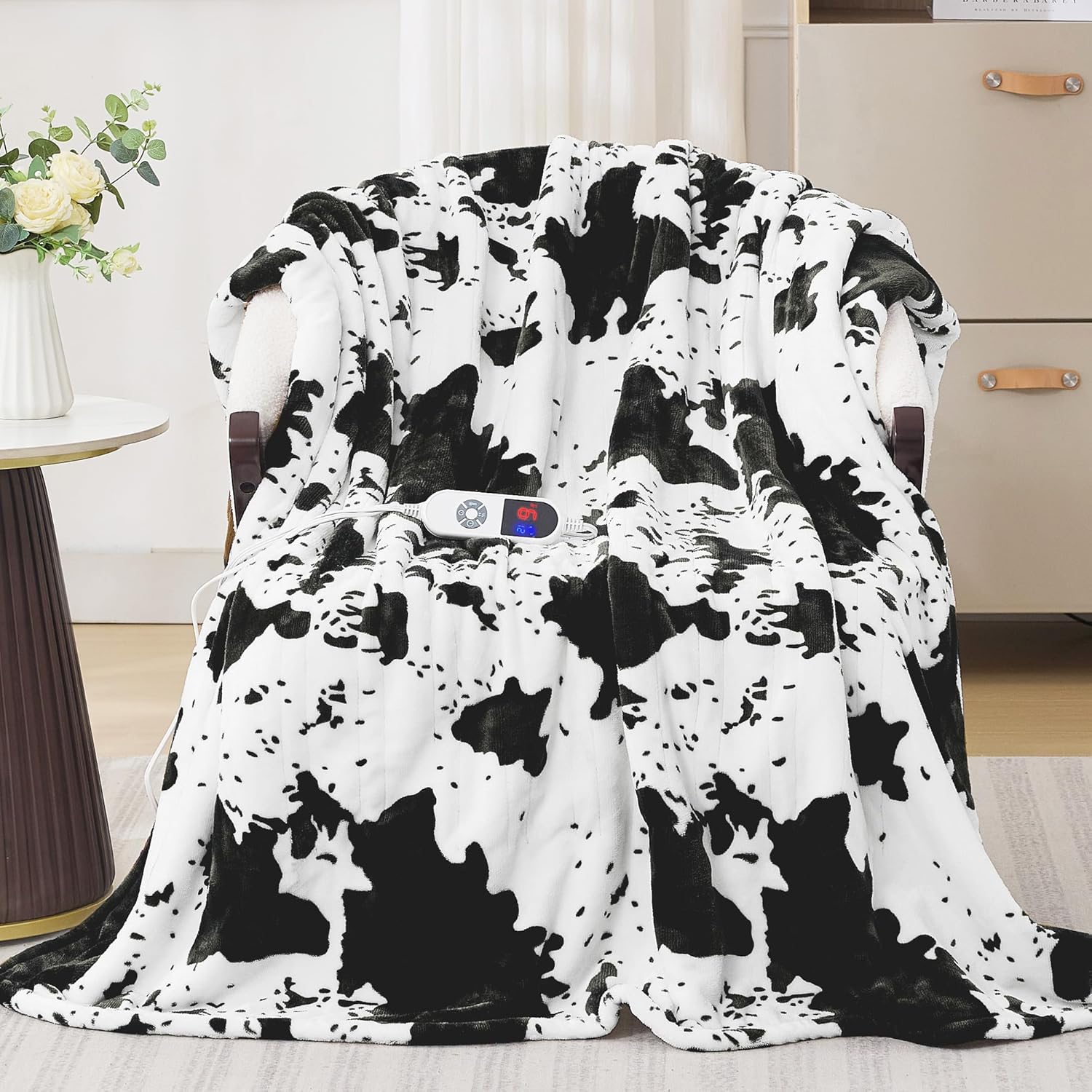 Electric Blanket Twin Size - Reversible Sherpa & Flannel, 62"× 84" Heated Throw Blanket with 6 Heat Settings & 1-12H Timer, Machine Washable, Warm Gift for Women, Black Cow Print - Image 5