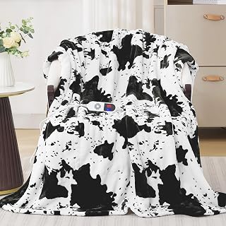 Heated Throw Blanket 50x60, Electric Blanket with 6 Heat Settings | & 1-12H Timer, Cozy Soft Flannel Sherpa, Machine Washable, Warm Gift for Women,Blcak Cow