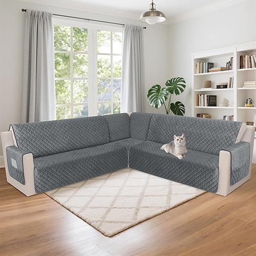 Miniatura 7 de HDCAXKJ Funda impermeable para sofá modular esquinero, de terciopelo en forma de L, para mascotas, perros, suave, resistente, en forma de U, juego