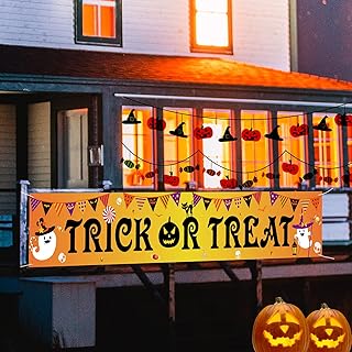 Halloween Banner, Halloween Decorations Trick or Treat Banner Halloween Yard Signs Backdrop Hanging Banner for Outdoor Ind...
