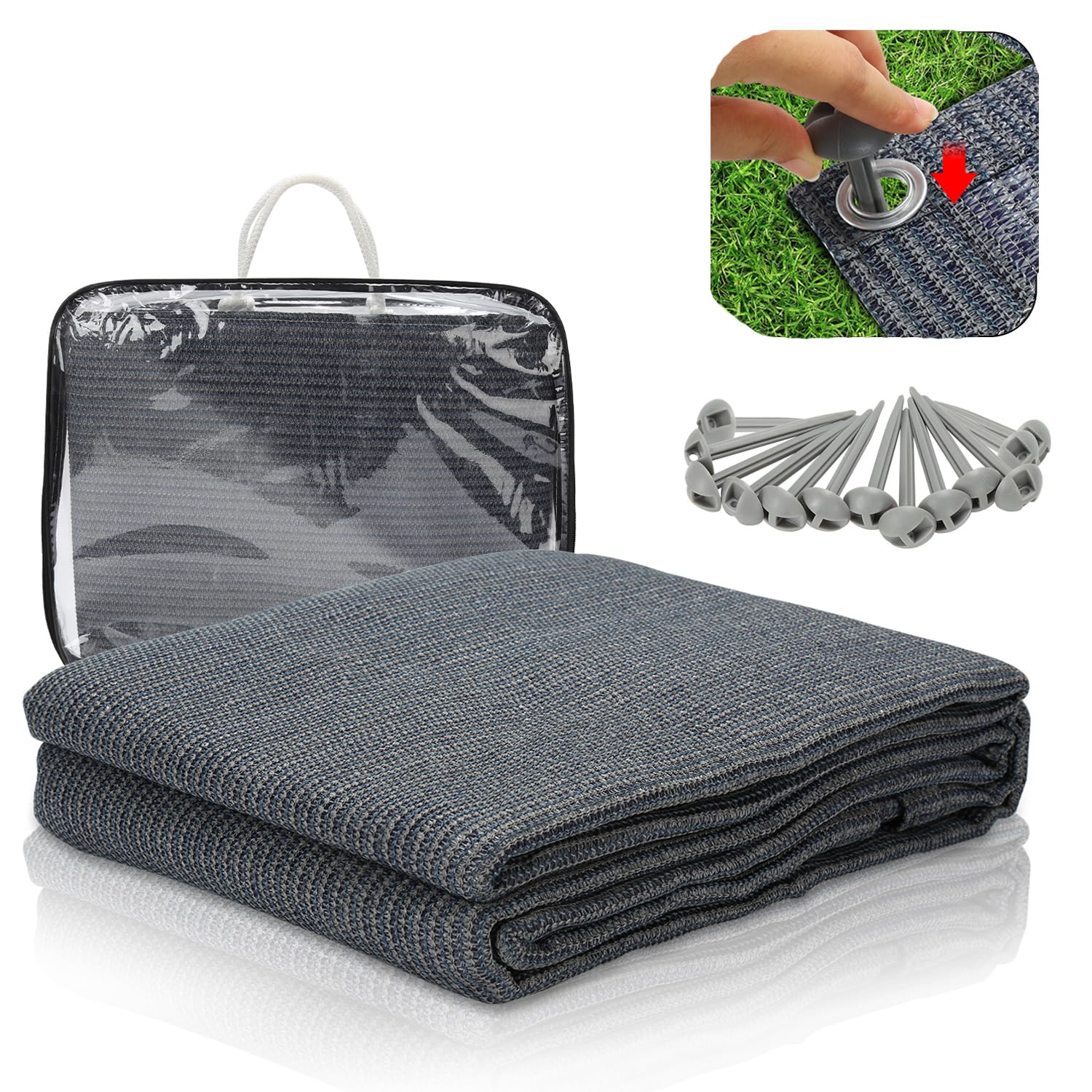 Ollewiellan Voortenttapijt, 250 x 250 cm, campingtapijt, outdoor, ademend, antislip, wasbaar, schimmelvrij, uv-gestabiliseerd, met 12 gaten, 13 haringen en draagtas, grijs-blauw