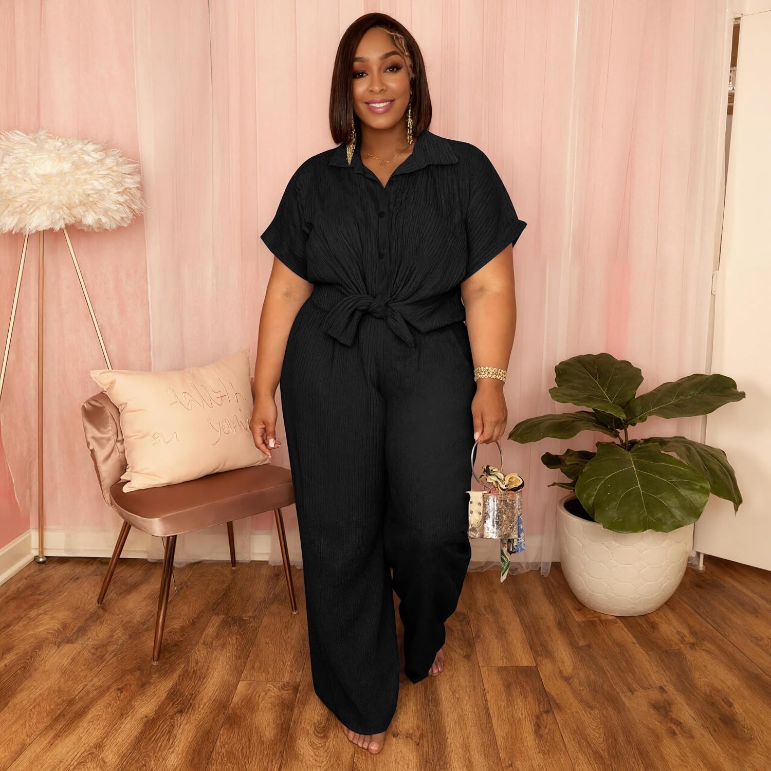 TOPSRANI Plus Size Womens Lounge Set Casual Sweatsuits Button Down T-Shirts 2 Piece Outfits Baggy Wide Leg Pant Sets