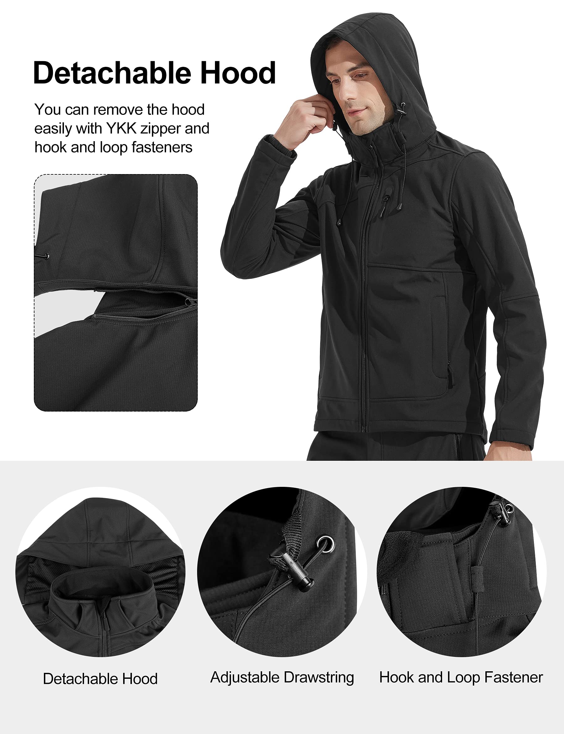 KUTOOK Giacche Softshell Impermeabile Giubbotto Antivento Invernale da Uomo con Cappuccio Staccabile per Montagna Trekking Sci Outdoor