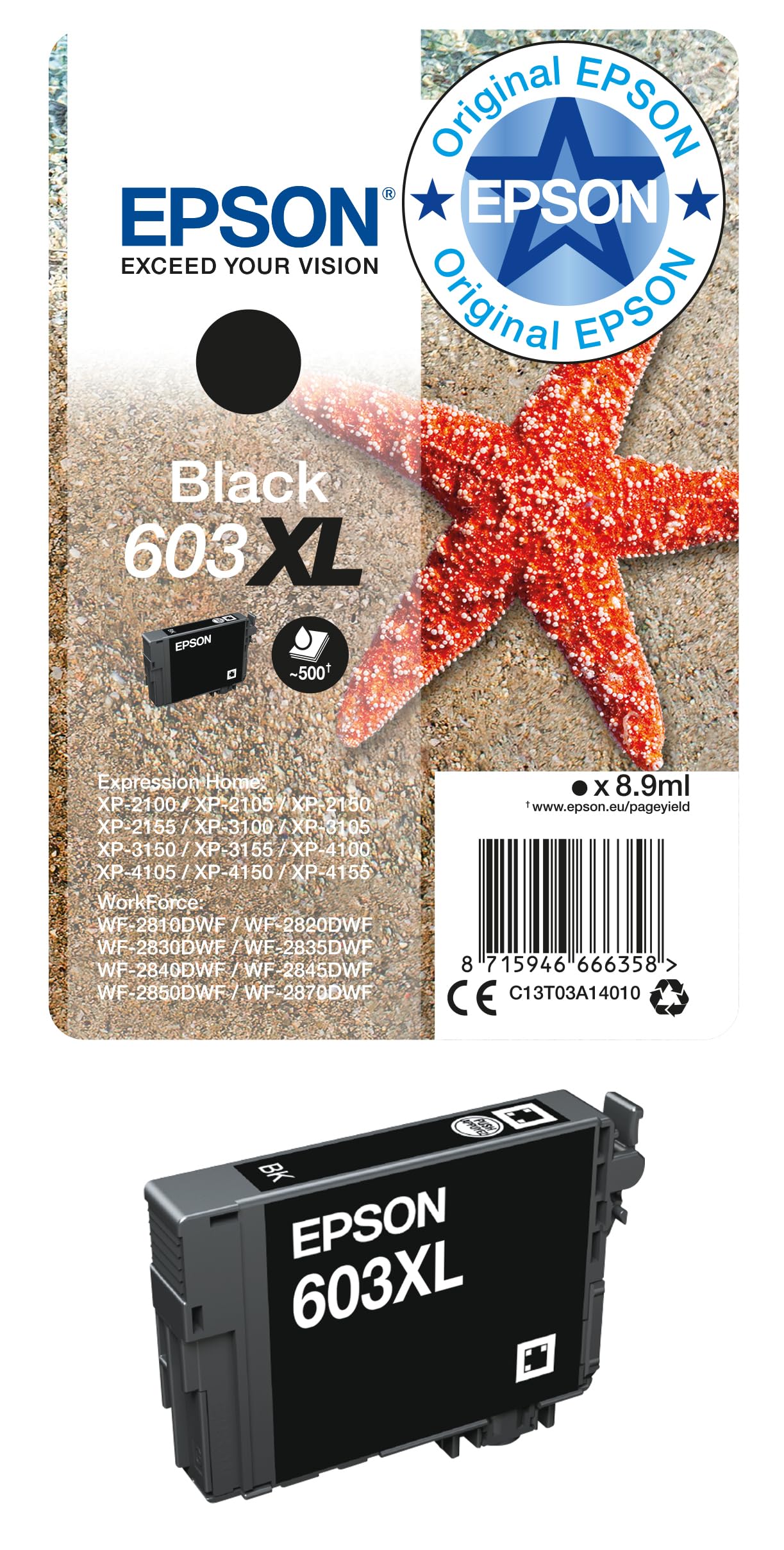 Epson Original 603XL Tinte Seestern, Singlepack schwarz XL, WF-2820DWF WF-2830DWF WF-2840DWF WF-2850DWF XP-2100 XP-2150 XP-3100 XP-3150 XP-4100 XP-4150, ReadyPrint Flex-Tintentarife