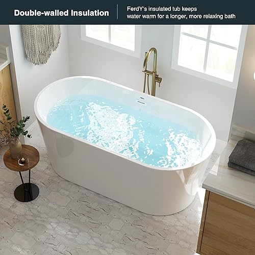 Miniatura 3 de FerdY Shangri-La - Bañera independiente de acrílico de 59 pulgadas, moderna, de forma ovalada clásica, color blanco, certificada cUPC, con desagüe