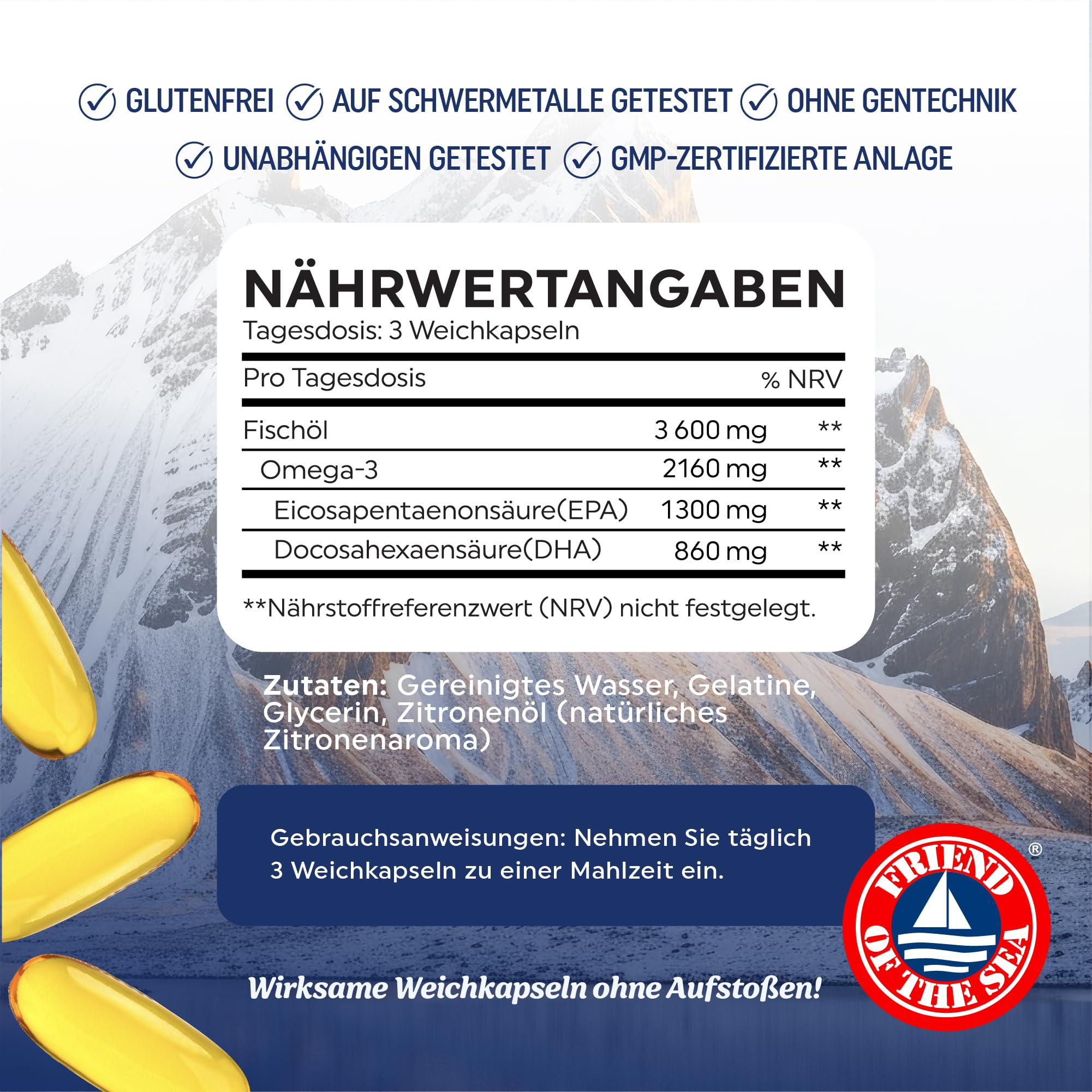 Dreifach konzentriertes Omega-3-Fischöl 3600 mg | EPA & DHA | Über 2100 mg Omega-3-Fettsäuren | 1300 mg EPA + 860 mg DHA | Erstklassige essenzielle Fettsäuren | Wild gefangene Omega 3 | 120 Stück