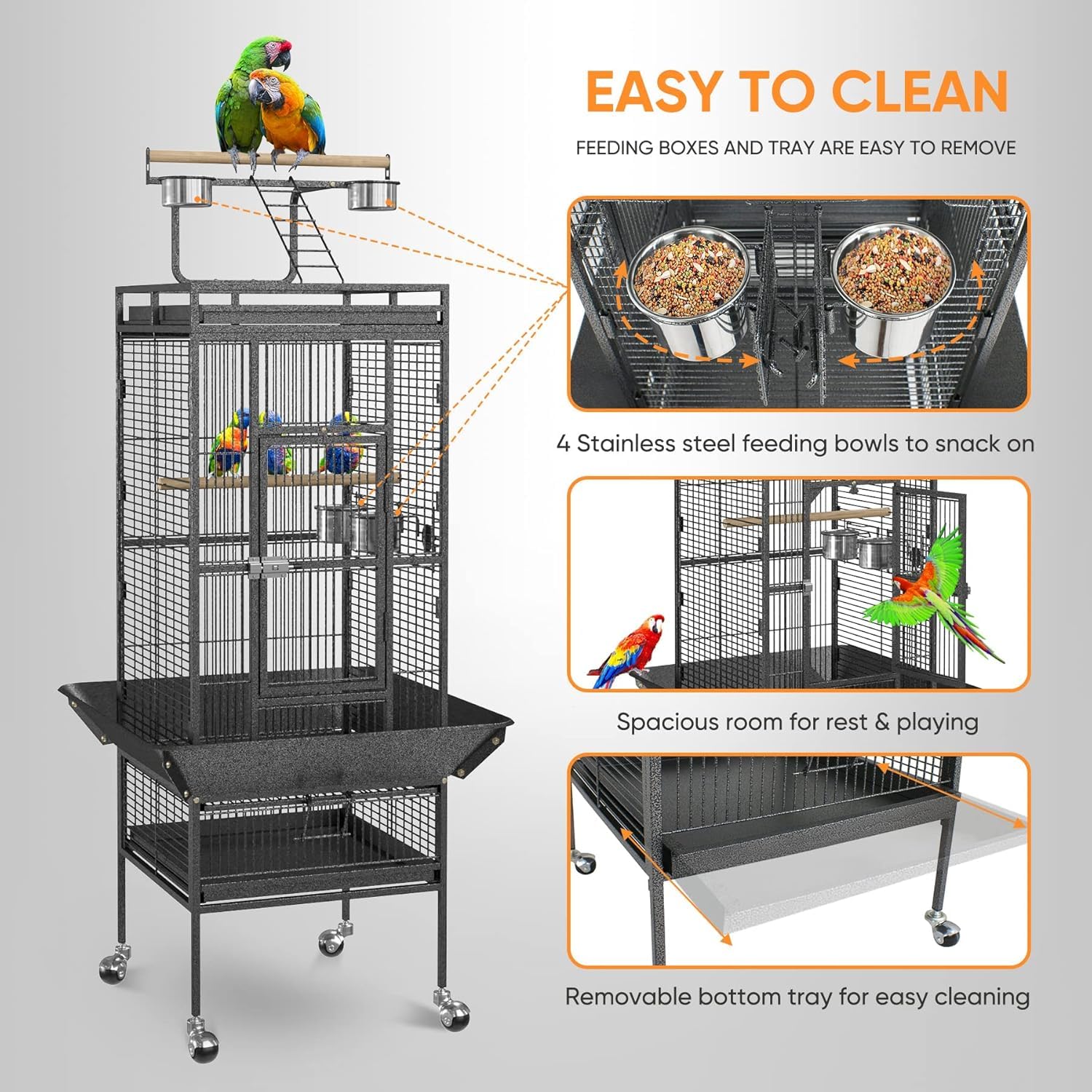 Jaula para Pájaros, Transportín Versátil para El Hogar Y Los Viajes, Fácil De Guardar, Ideal para Cacatúas, Loros, Periquitos, Cotorras, Cotorras, Palomas Y Otras Aves Black