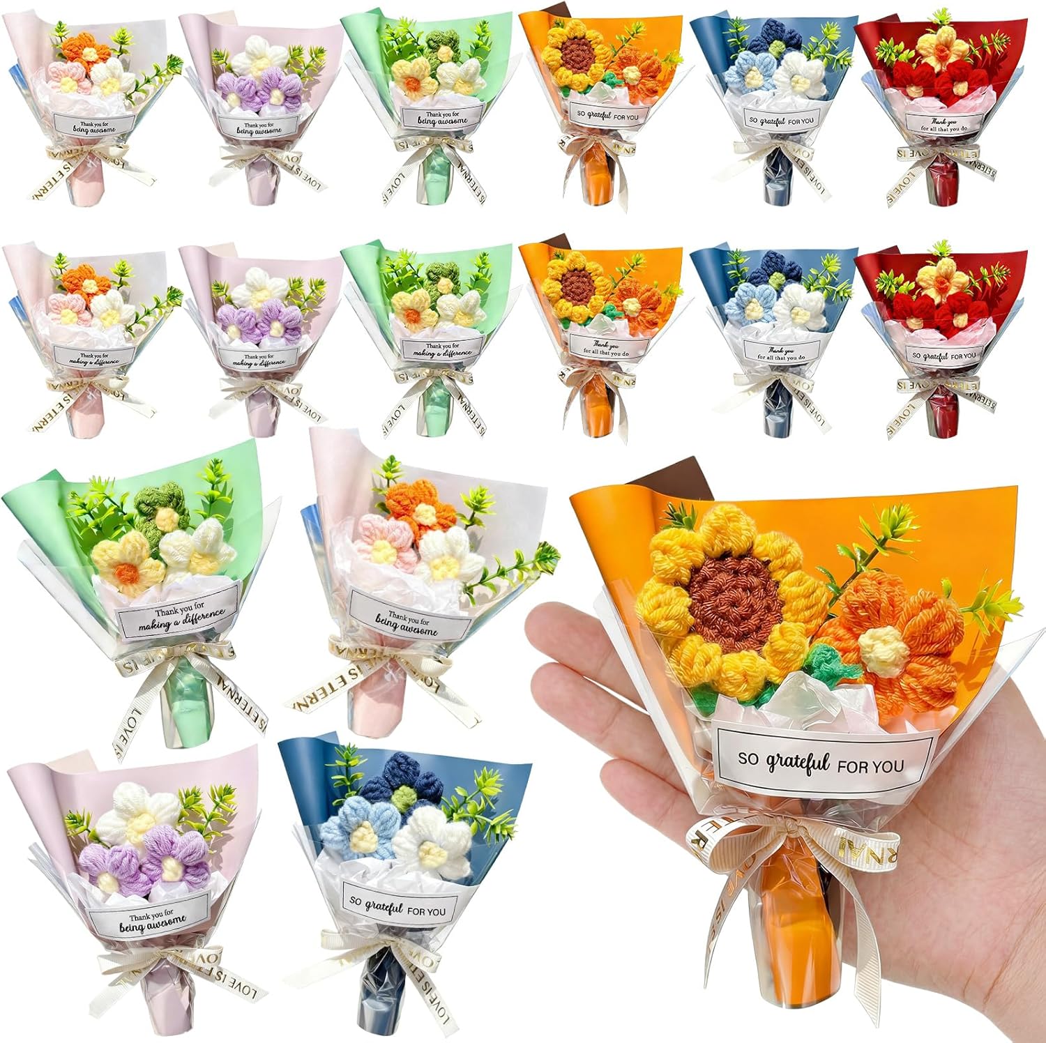 Riceshoot 12 Pcs Employee Appreciation Crochet Gifts Positive Handmade Mini Crochet Flowers Bouquet Thank You Flower Bouquet Appreciation Gifts for Women Teacher Nurse Social Worker Birthday Gift