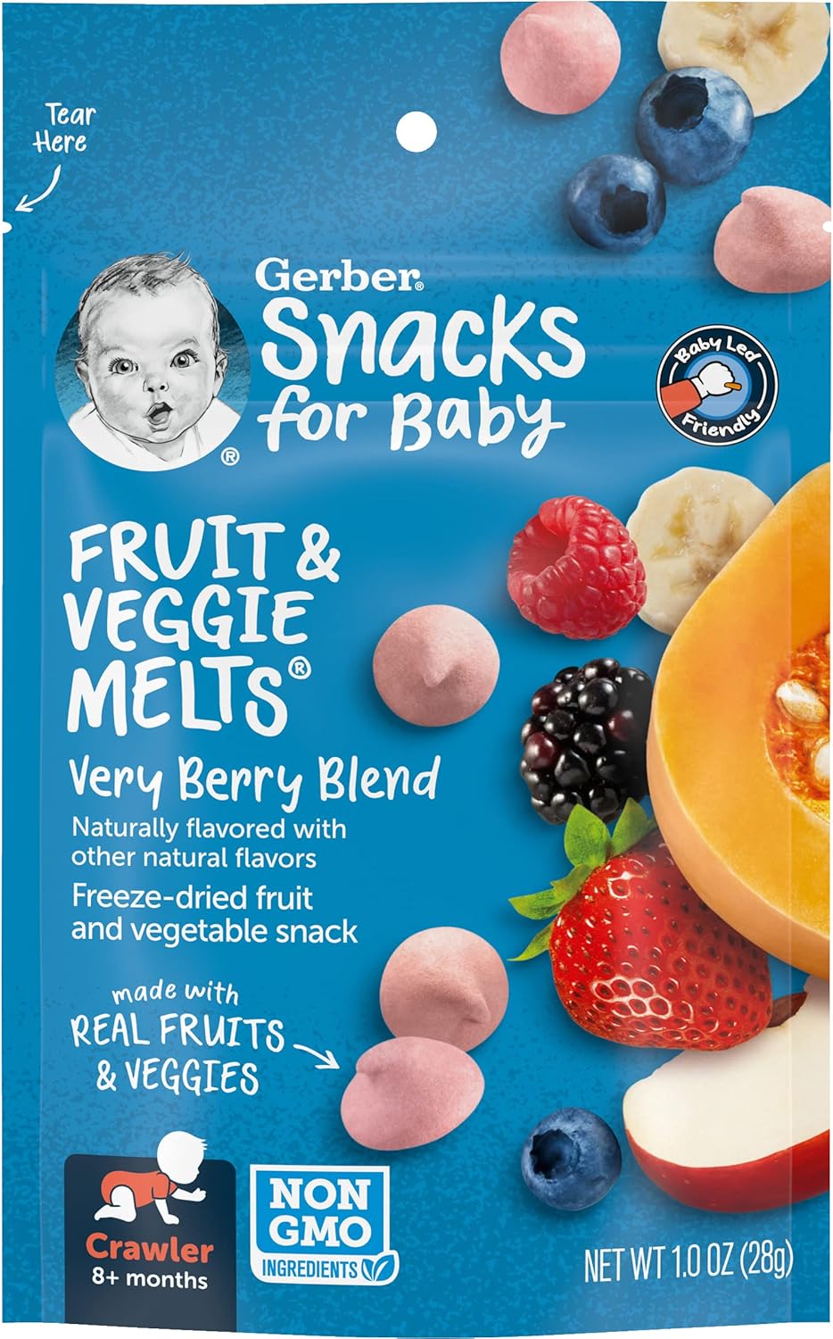 Gerber Snacks for Baby Fruit & Veggie Melts, Very Berry Blend, Made with Real Fruits & Veggies, Non-GMO Baby Snack for Crawlers, 1.0 OZ Pouch (Pack of 3)