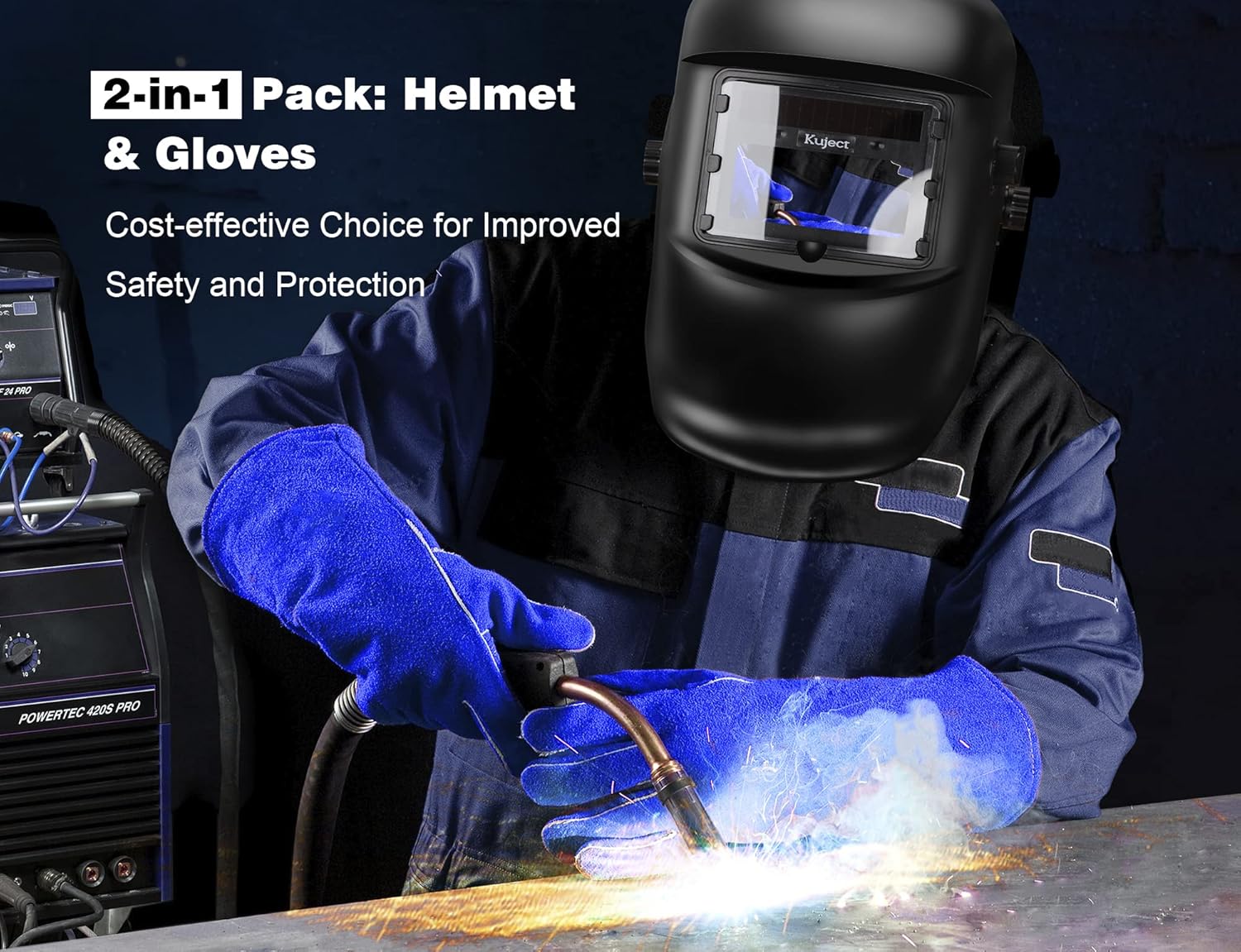 Auto Darkening Welding Helmet with Welding Gloves, Kuject True Color Solar/Battery Powered Welding Hood, Welding Mask With Wide Shade 4/9-13 for MMA TIG MIG MAG Arc Welder Mask - - 
