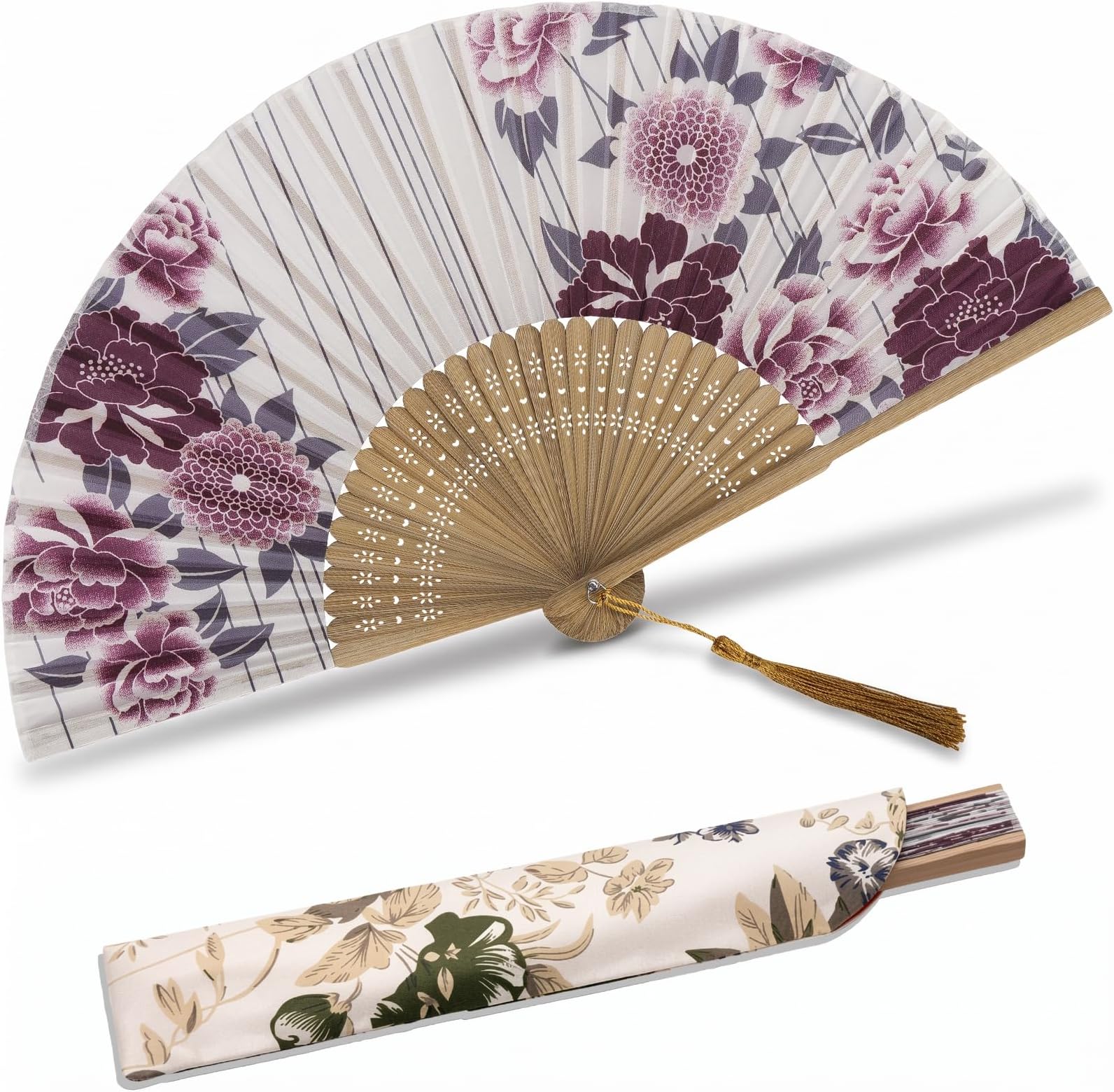Hand Fan Foldable for Women, Portable Hand Held Fan | Japanese Chinese Fan Bamboo Silk Folding Hand Fan 8.27in with Tassel and Pouch for Cooling Travel Party Wedding Church