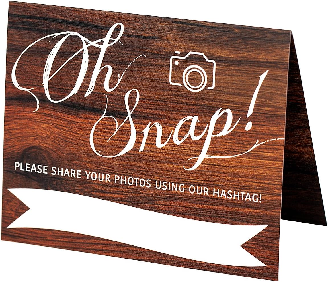 Wedding Hashtag Sign, Set of 5 Rustic Wood Look Instagram Signs, Oh Snap, 4x5 Folded Double Sided On Heavy Cardstock With Linen Texture | Beautiful Wedding Decorations