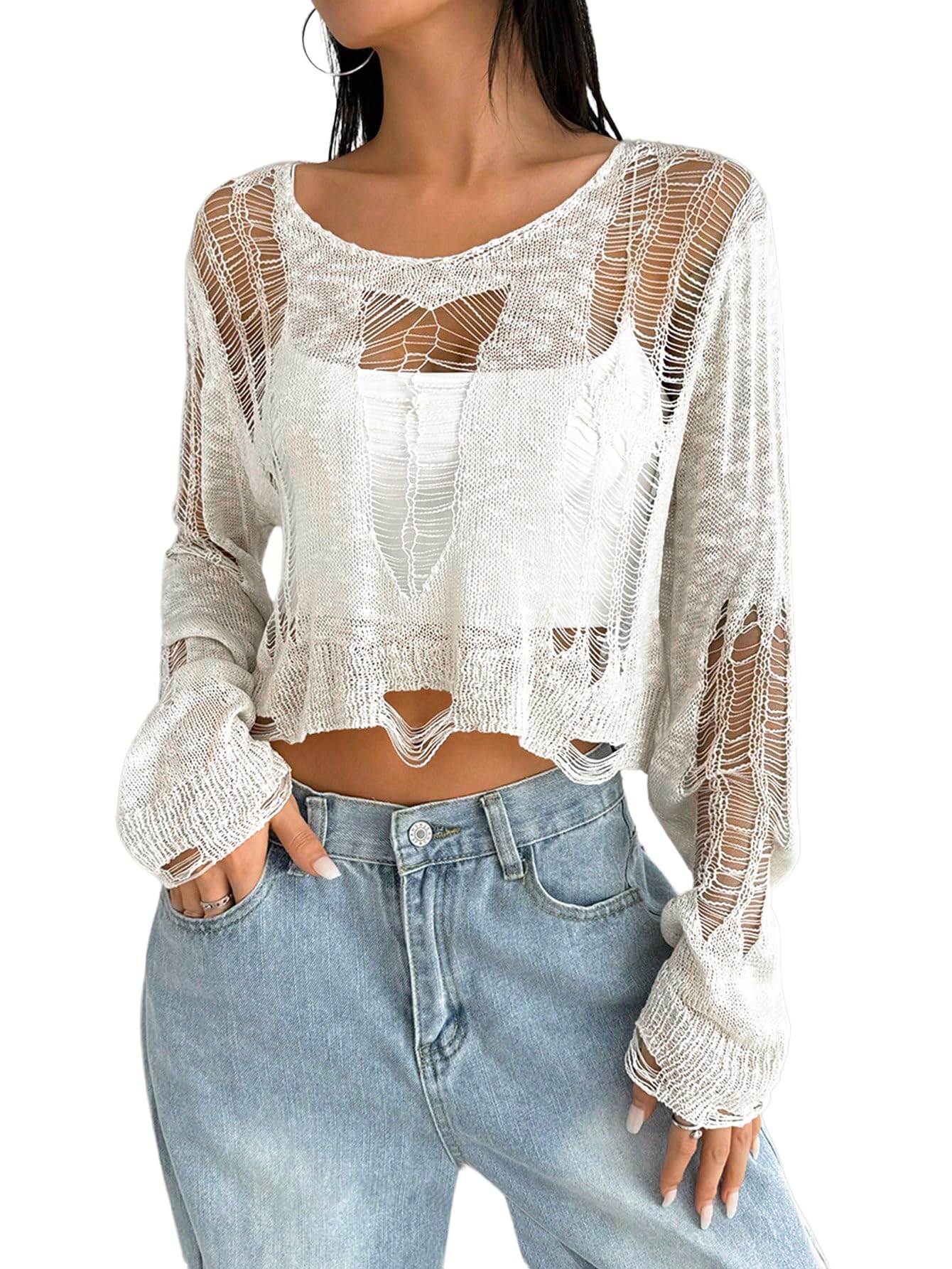 SHENHE Womens See Through Ripped Sweater Gothic Grunge Y2k Crew Neck Crop Sweater Pullover