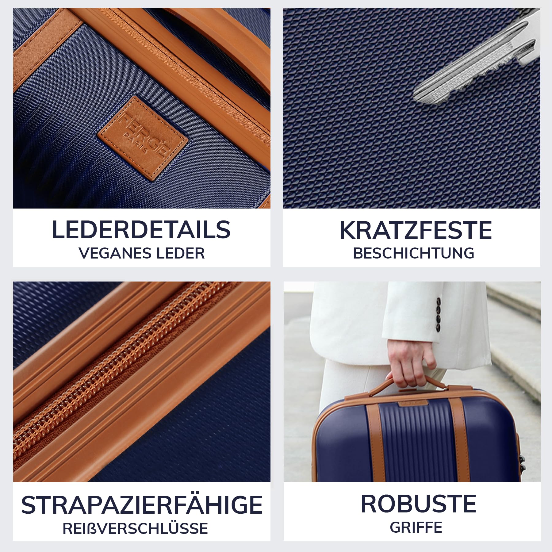 FERGÉ Kofferset Hartschale 5-teilig Milano 3 Größen Hartschalenkoffer Set + Reisetasche + Kulturbeutel - 3er Set Reise-Koffer 4 Rollen, leicht Reisen beige