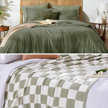 WRENSONGE Olive Green Soft 7 Pieces Queen Comforter Set and Sage Green Checkered Throw Blanket 50x70 inch
